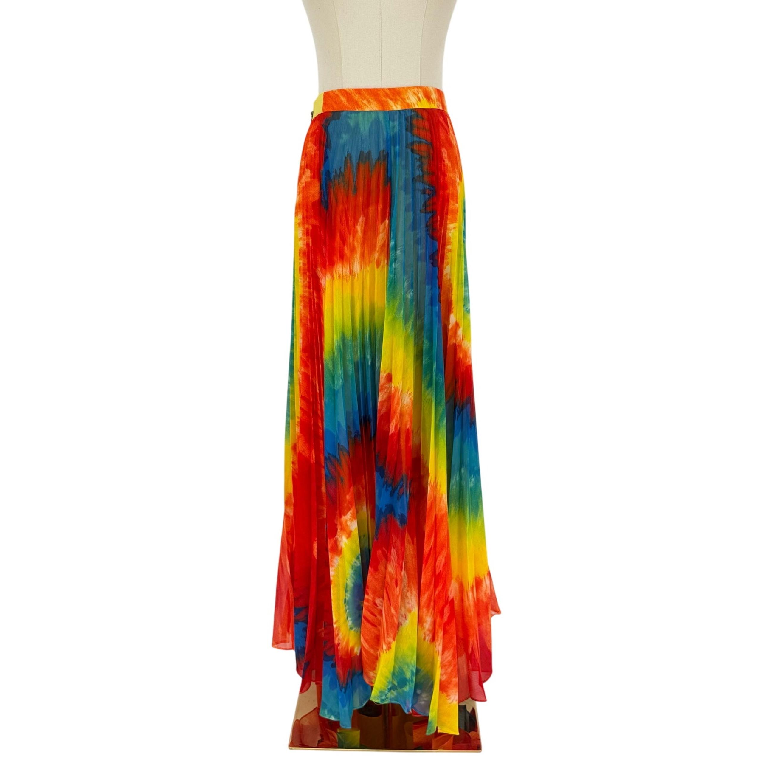 Alice + Olivia Rainbow Tie Dye Shannon Pleated Maxi Skirt, Size 0