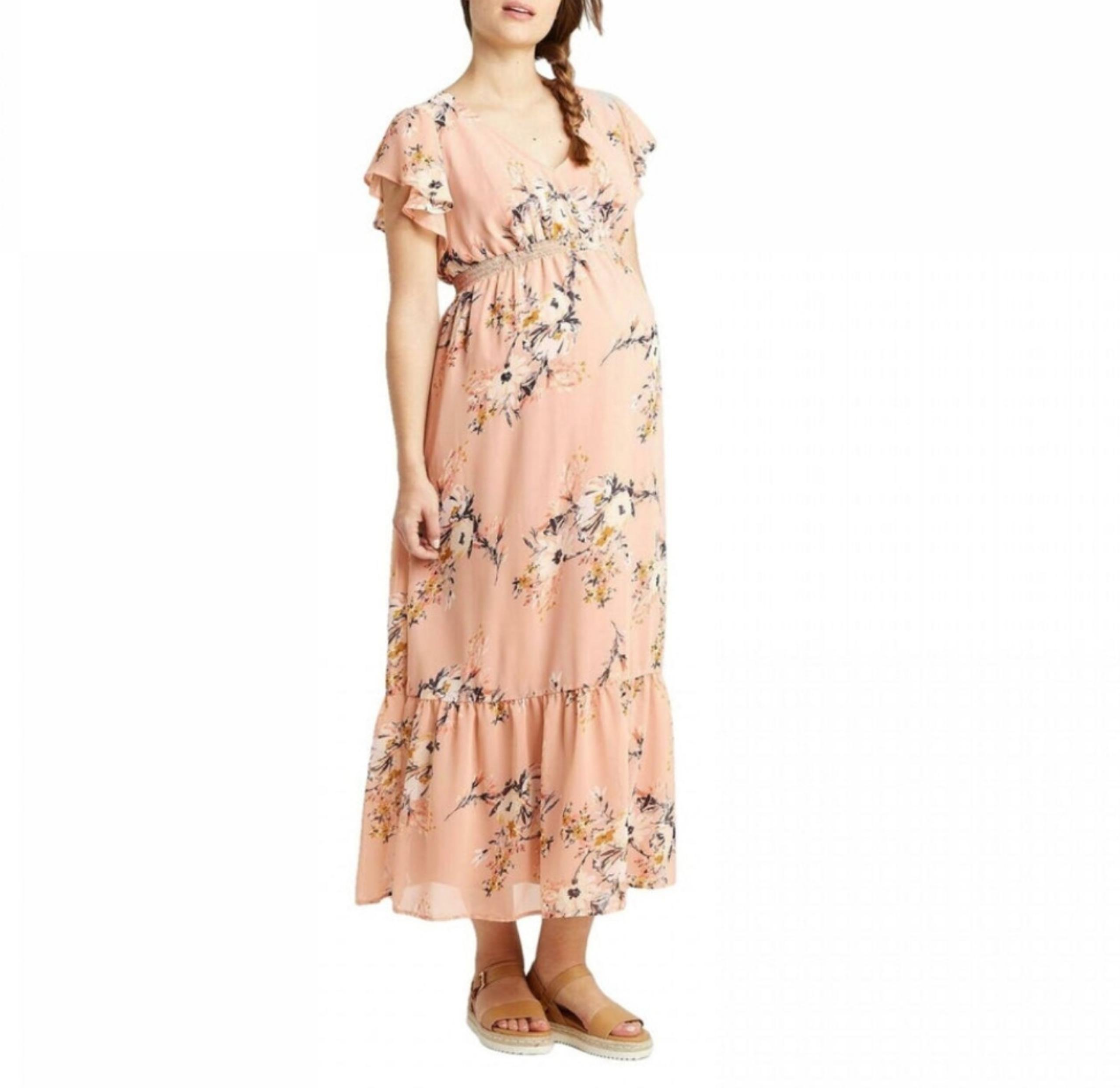 Isabel Maternity Floral Smocked Maxi Dress XS Flutter Sleeve Pink Extra Small
