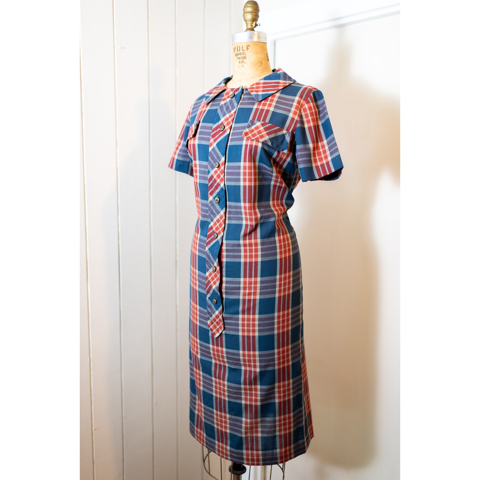 Vintage 60s Plaid Midi Shift Dress Preppy Classic Red Blue, Serbin of Florida, M