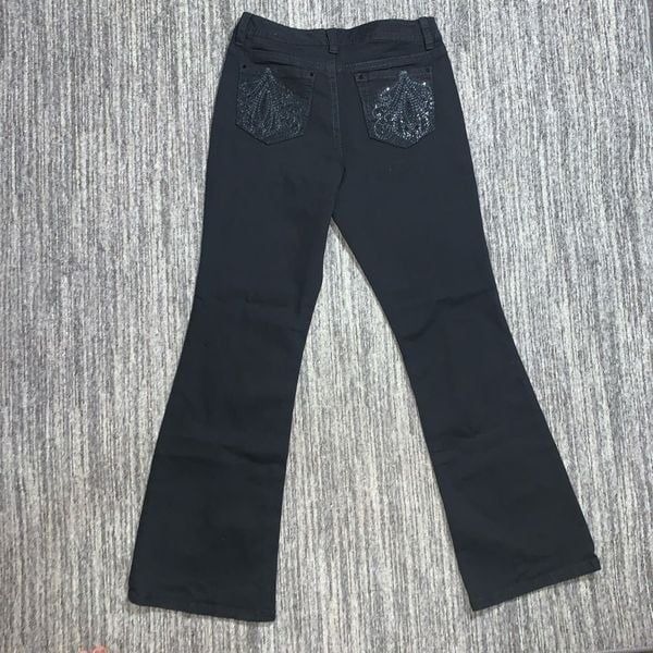 New Directions Womens 10 Rhinestone Bling Flare Leg Jeans Black Thick Stitch