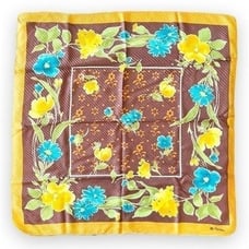 Renato Balestra Vintage Large Silk Scarf Square Floral Pleated Italy Brown Blue