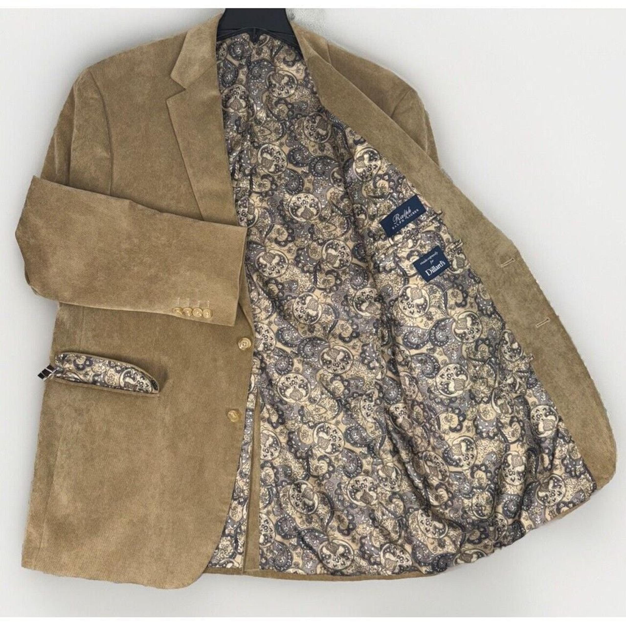 Vintage Polo Ralph Lauren Corduroy Blazer Jacket 46L Tan Paisley Lined Jacket