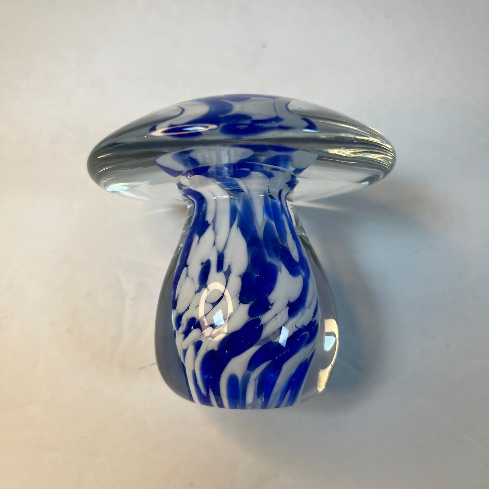 1978 George Good Art Glass Mushroom Paperweight Decor Blue White Design Vintage