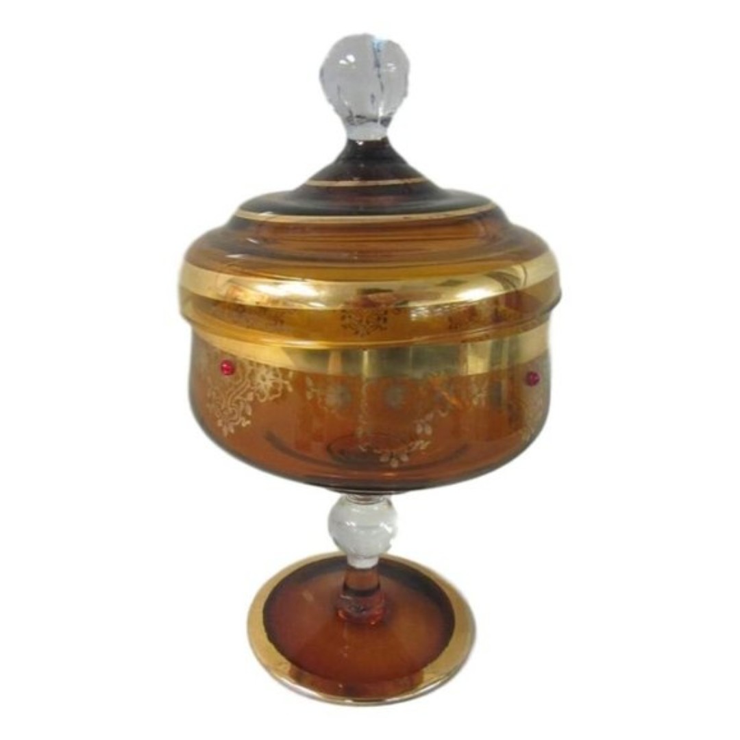 Vintage Amber Glass Lidded Candy Dish