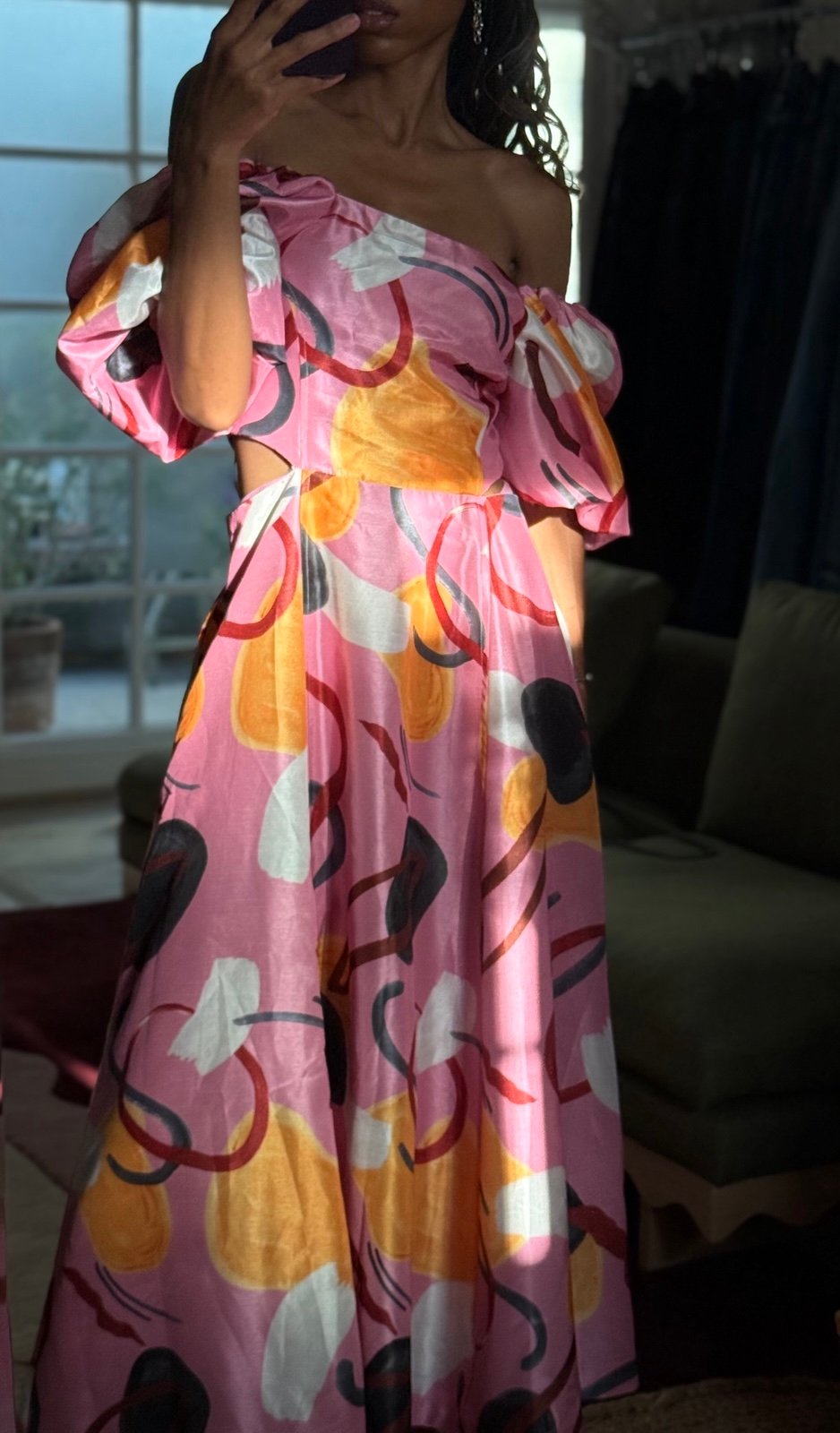 Anthropologie , Aureta, Printed Linen Puff-Sleeve Cutout Dress