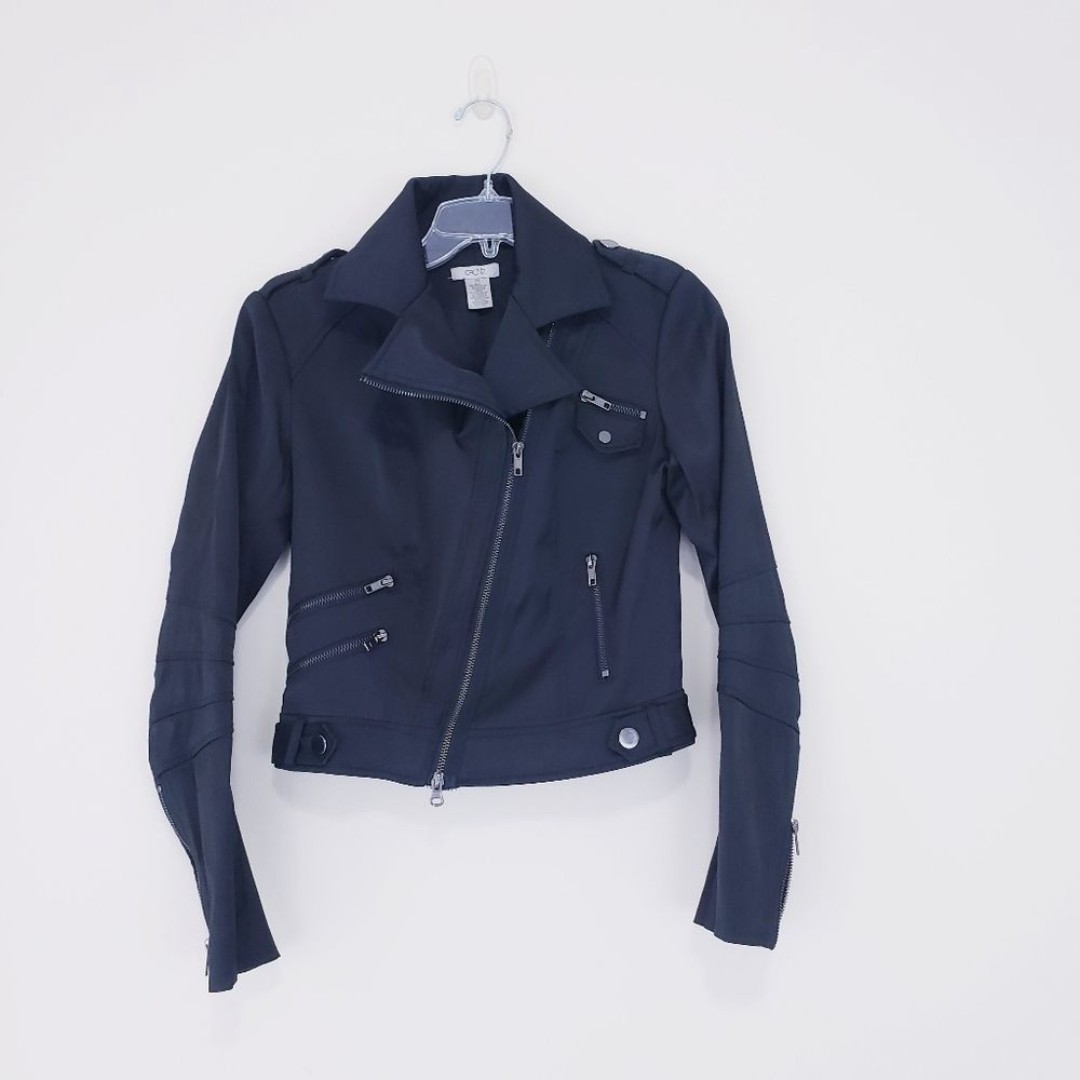 Caché Cropped Black Motorcyle Biker Jacket Polyester Size XS Cache