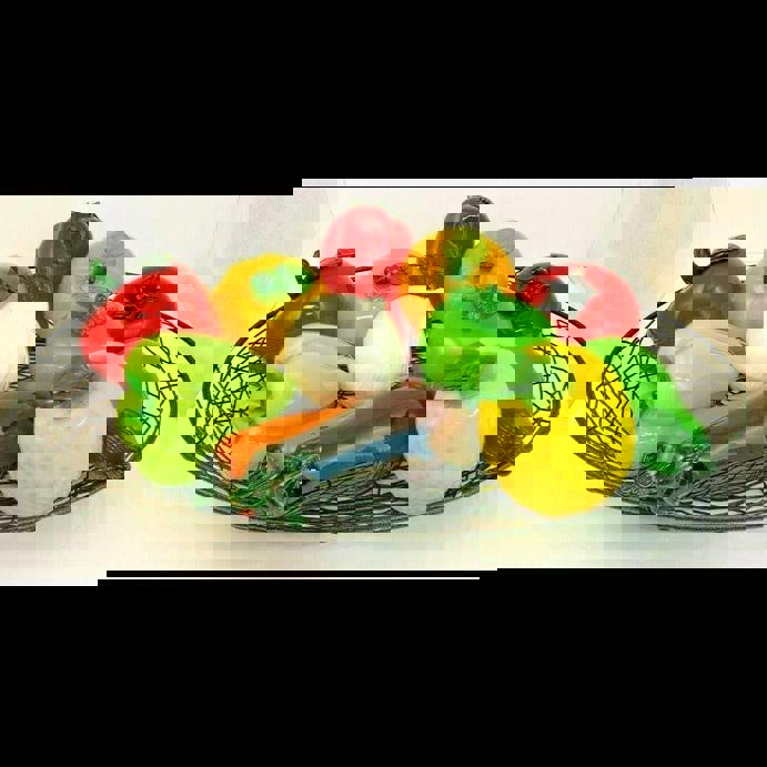 SET 12 Art Glass Fruits Vegetables Wire Basket Hand Blown Apple Carrot Tomato