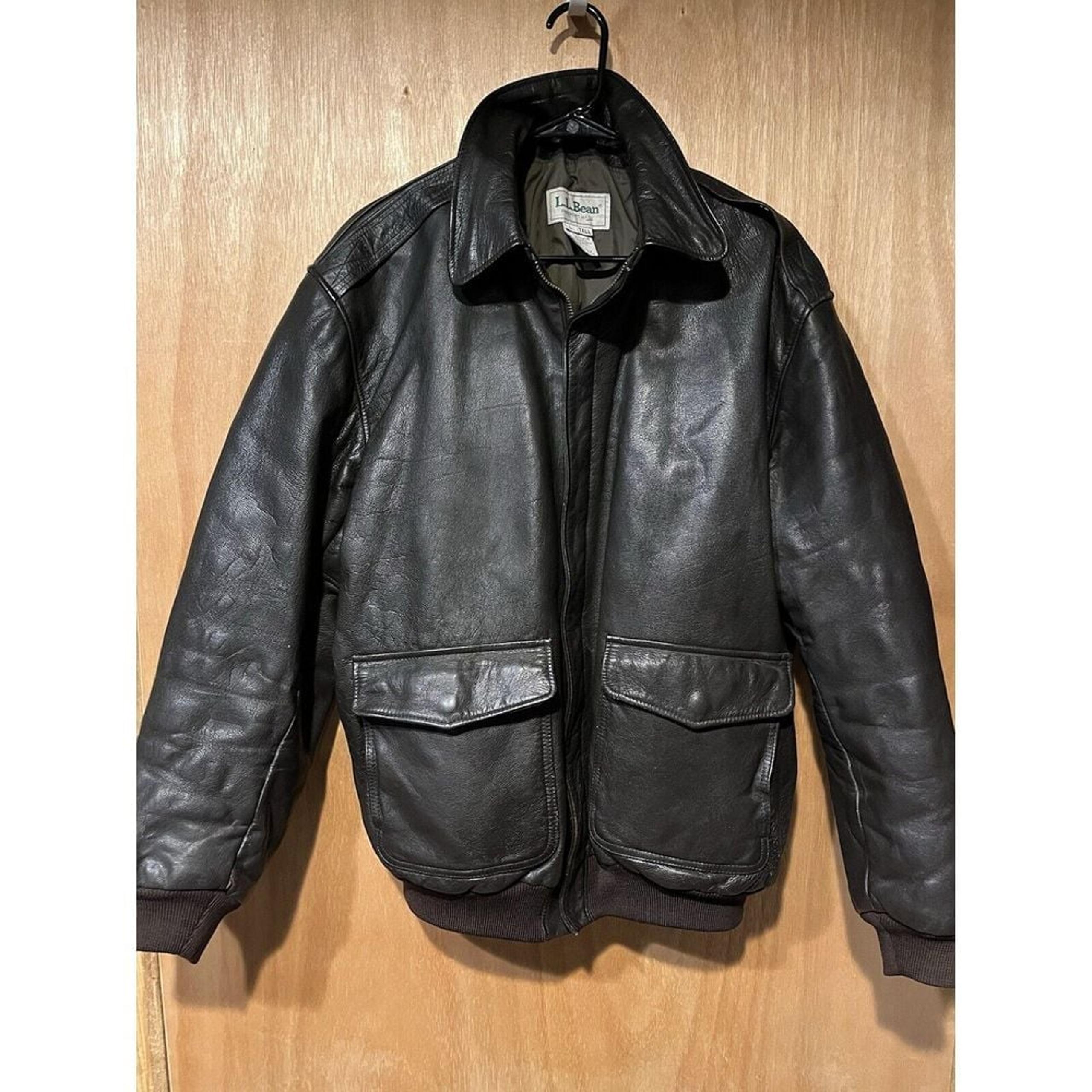 LL Bean Vintage Brown Leather Bomber Jacket Flight Coat USA Made Sz Large Tall