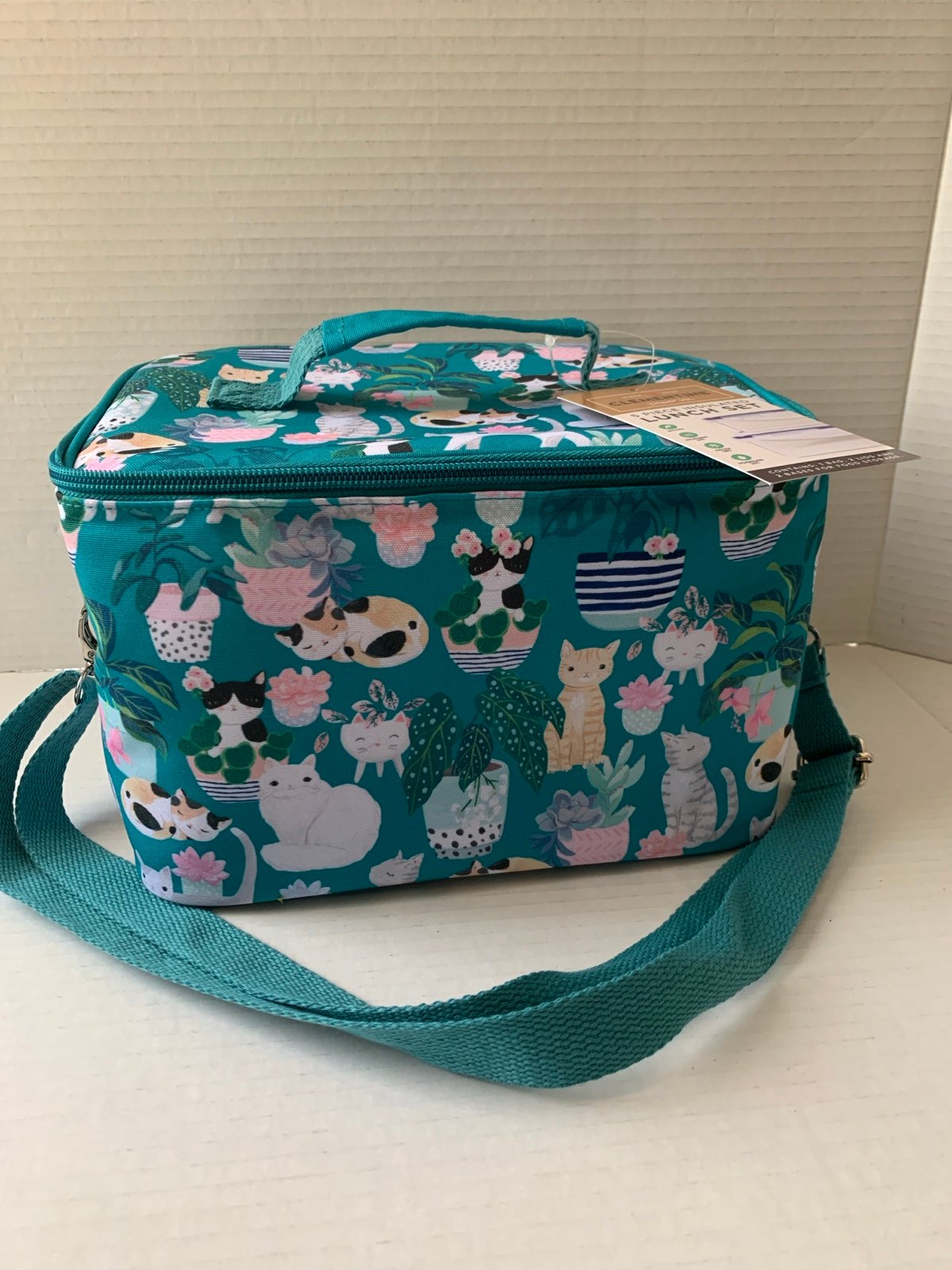 Cats Plants Teal Blue Insulated Lunch Bag Tote Containers NEW