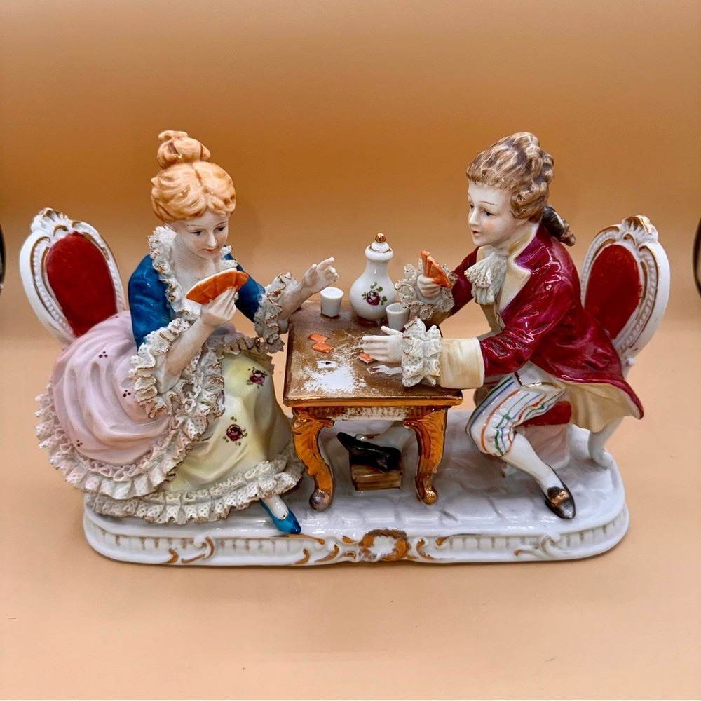 Vintage Dresden-Style Figurine of Victorian Couple Playing Cards, Rare, EUC
