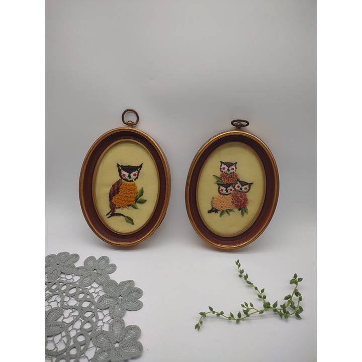 Vintage 1970s Lee Wards Owl Family Crewel Needlework Finished Framed Pair, Glass