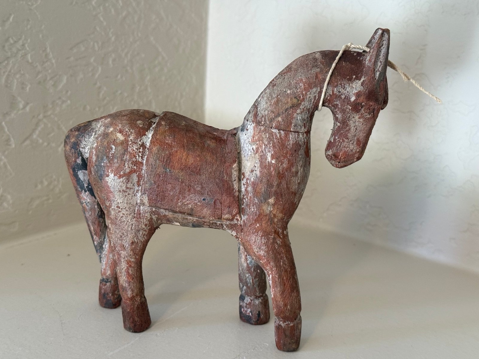 Vintage Wooden Horse Figurine Hand Carved Saddle Great Patina From Age