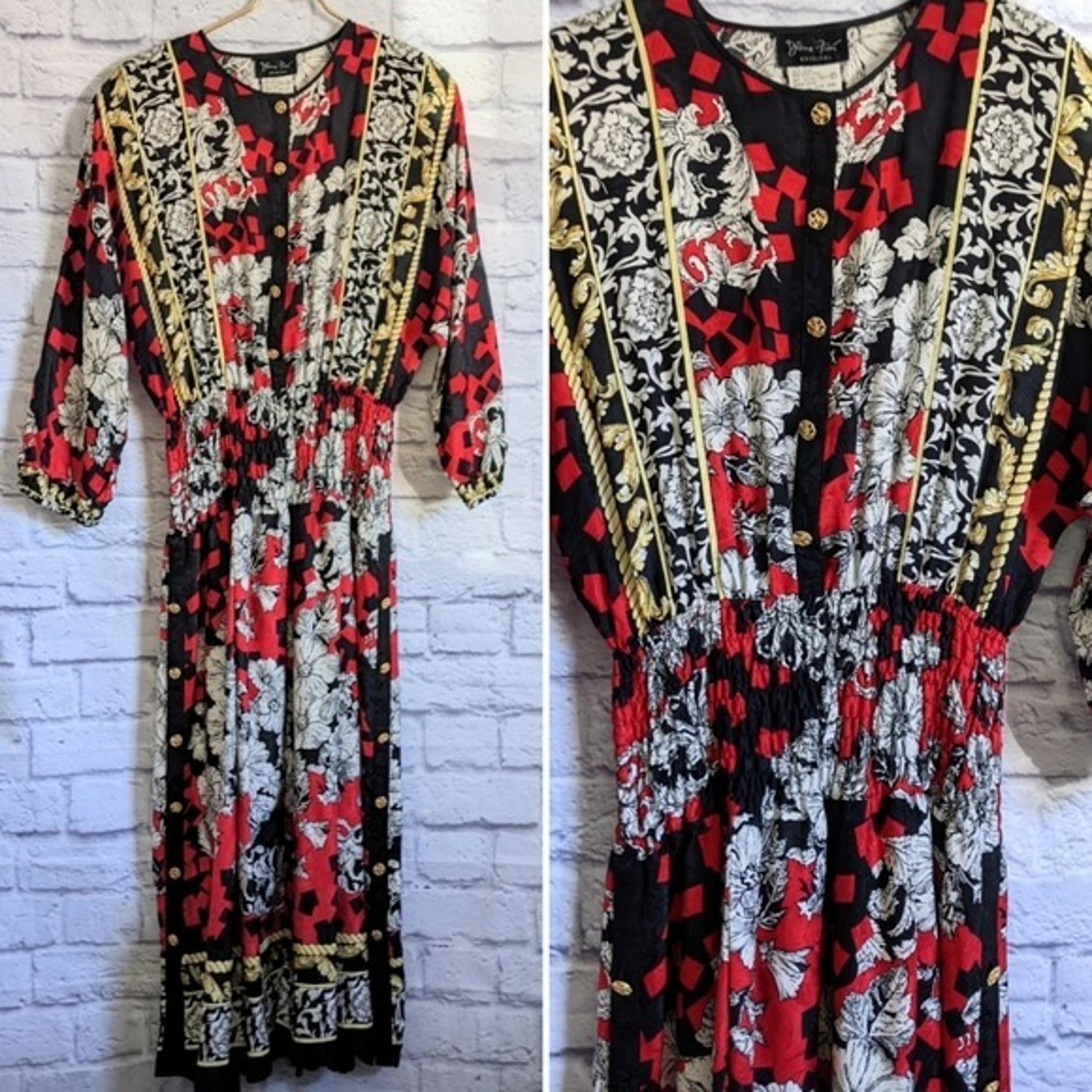 VTG 80s Diane Freis Silk Midi Dress S Red Black White Gold Rope Print Baroque