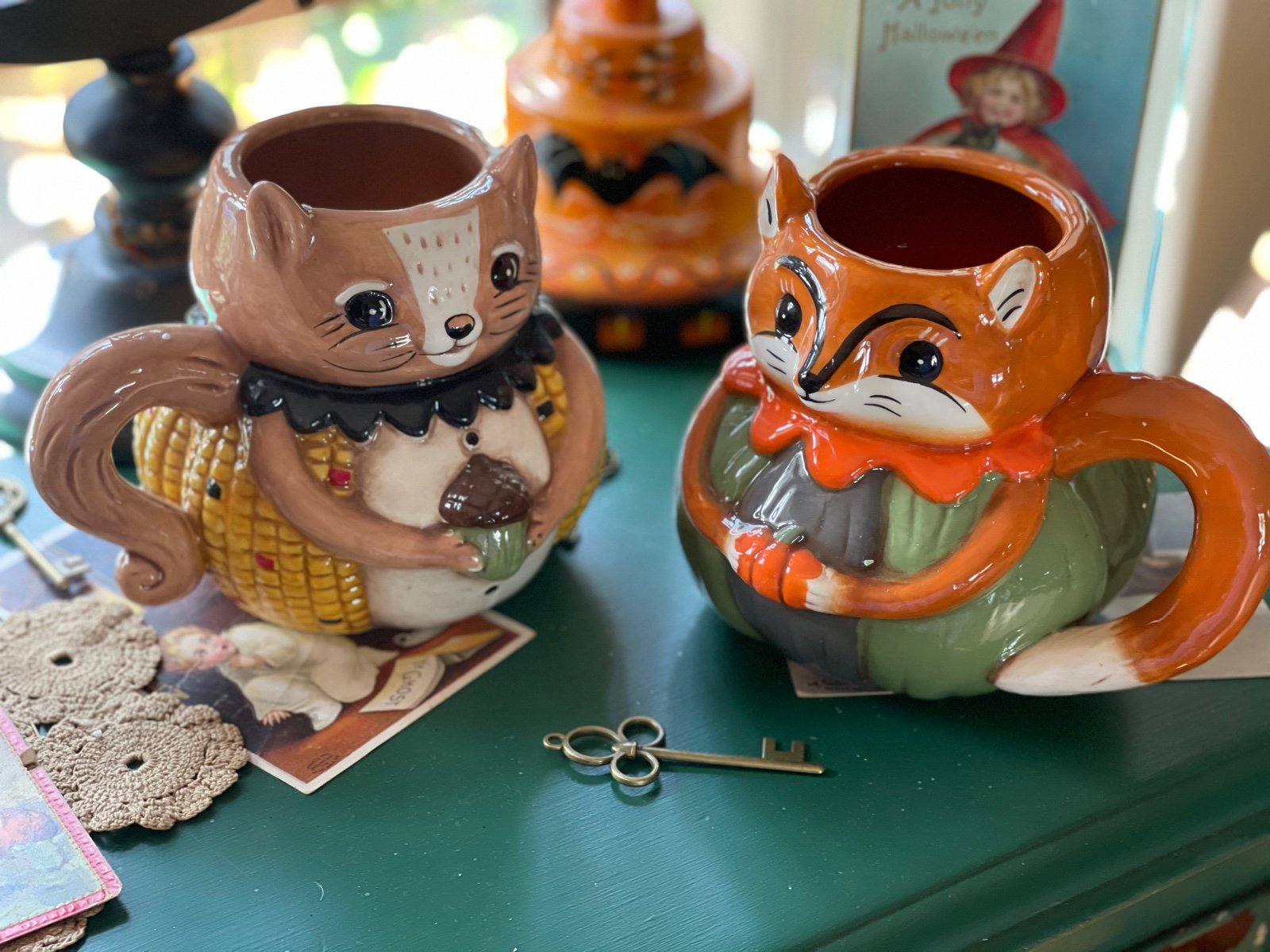 Johanna Parker Harvest Mugs Thanksgiving Halloween Red Fox & Squirrel NIB