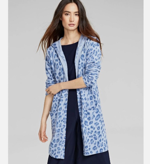 Charter Club 100% Cashmere Blue Lupine Leopard Animal Open Cardigan Hoodie