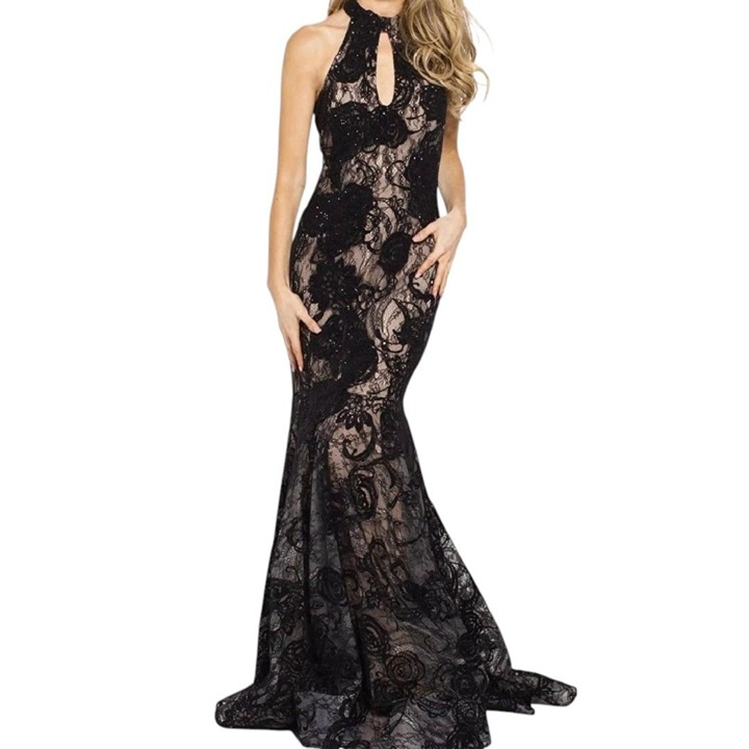 Jovani Nude Embellished Black Lace Nude Evening Dress Size 12 Floor-Length Gown