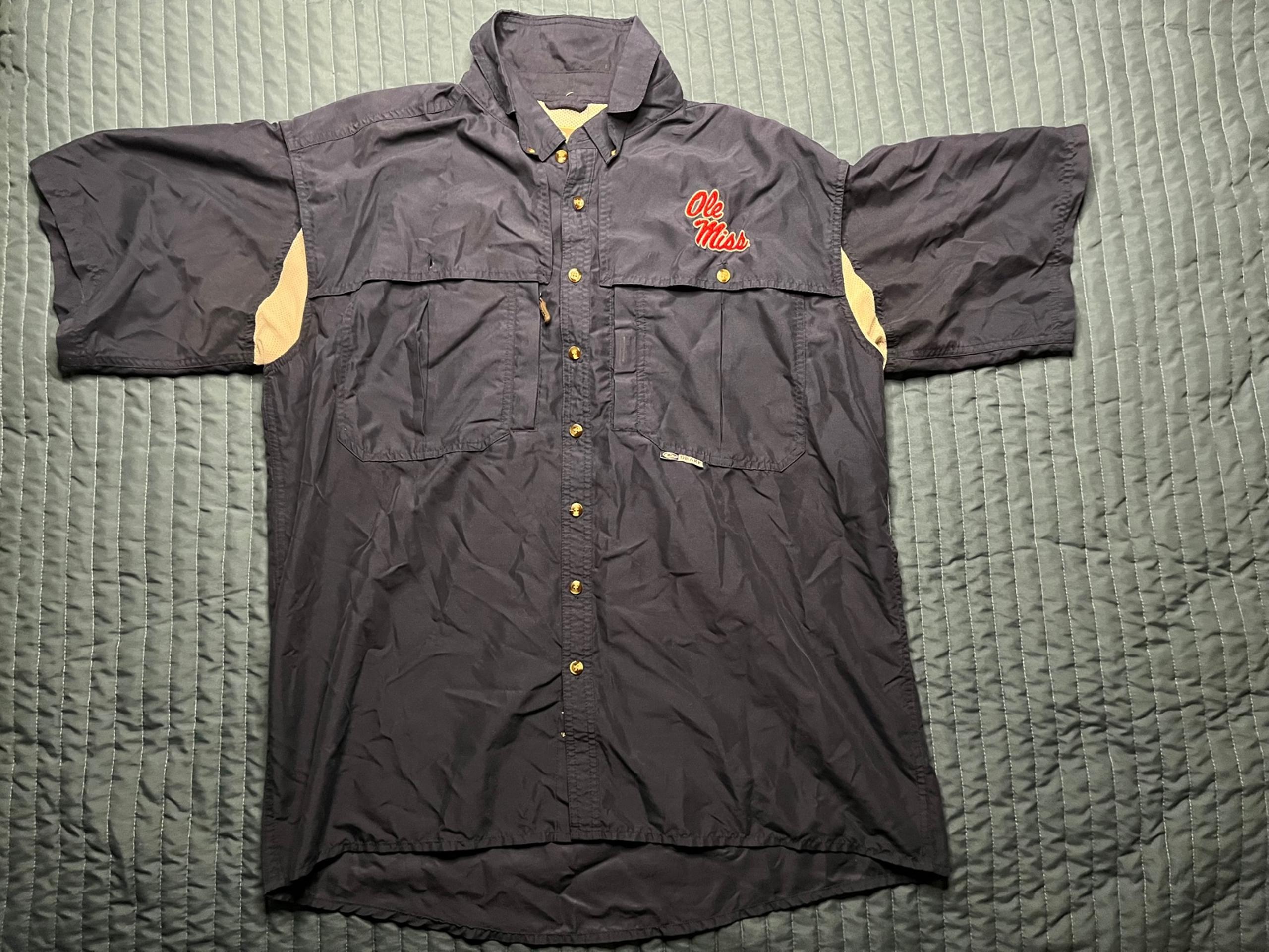 Drake Waterfowl Ole Miss Shirt Men's XL Blue Short Sleeve Button Down Vented