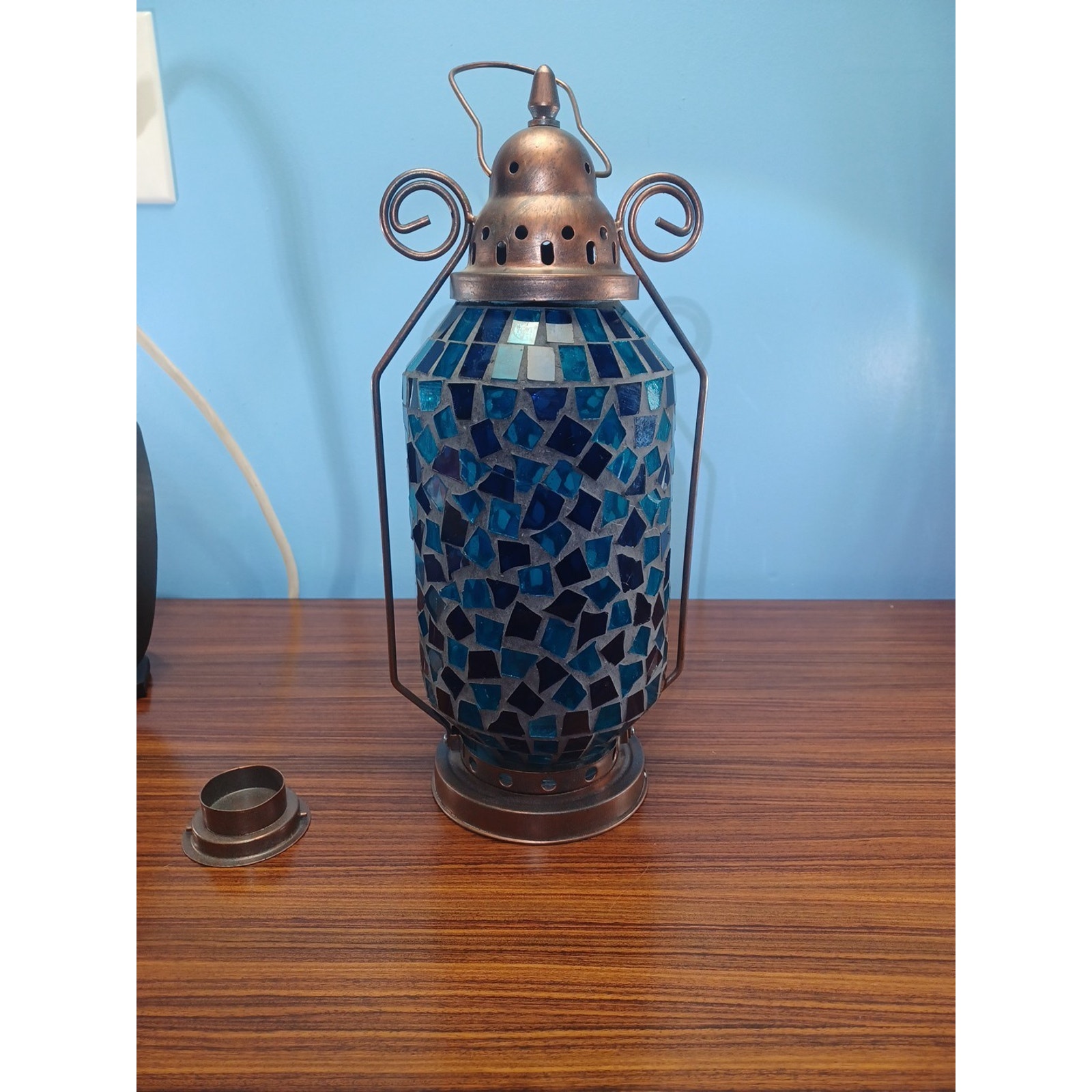 Party Lite Mosaic Glass Candle Lamp Blue Bronze Finish Fun