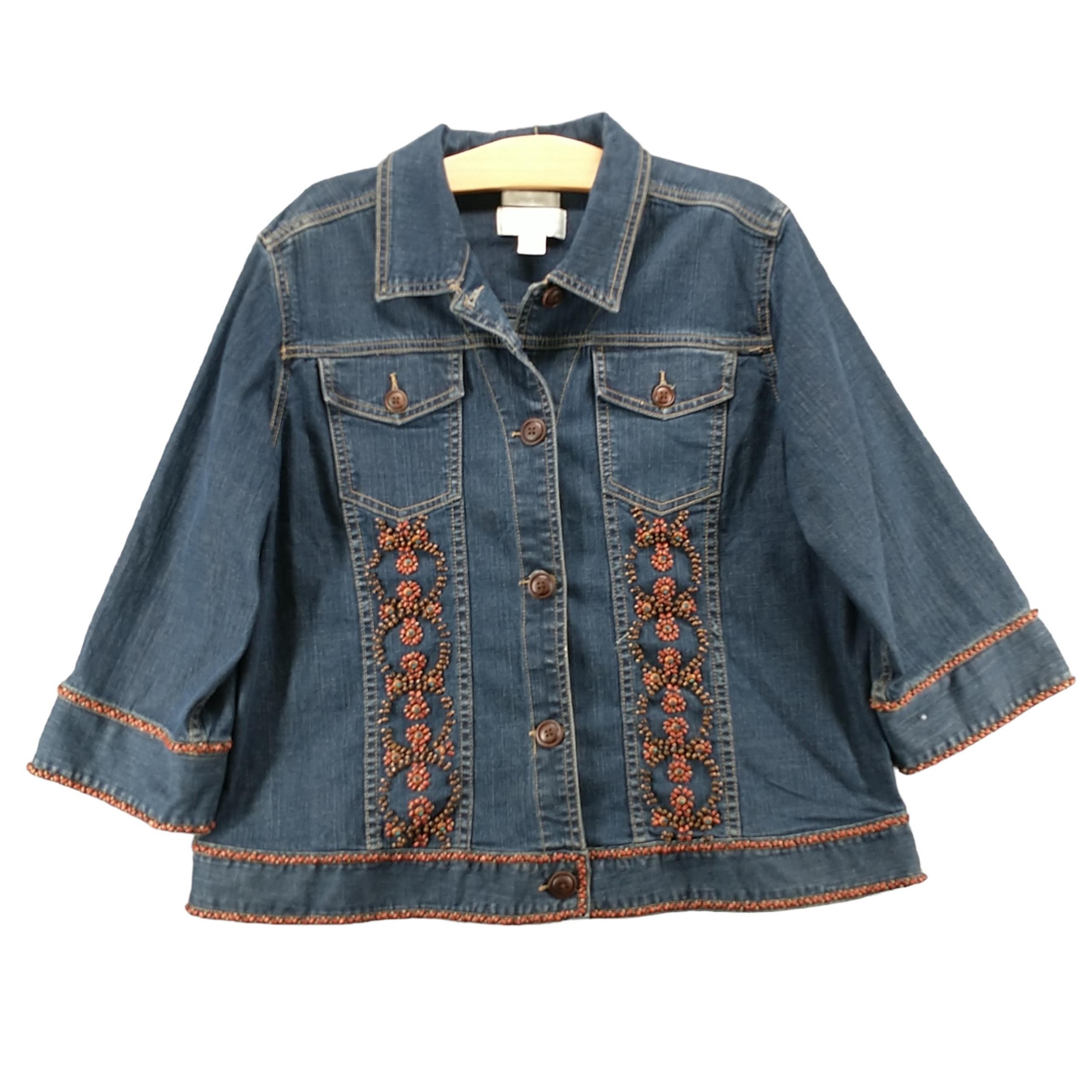 CJ Banks Women's Denim Button Up Shirt Blue SZ X Long Sleeve Embellished Beaded