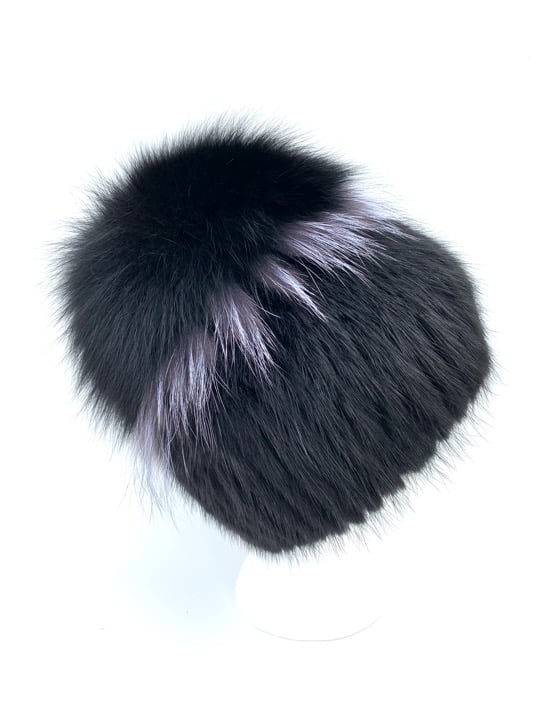 Knit Real Mink Beanie Hat with arctic silver fox fur Pom Pom