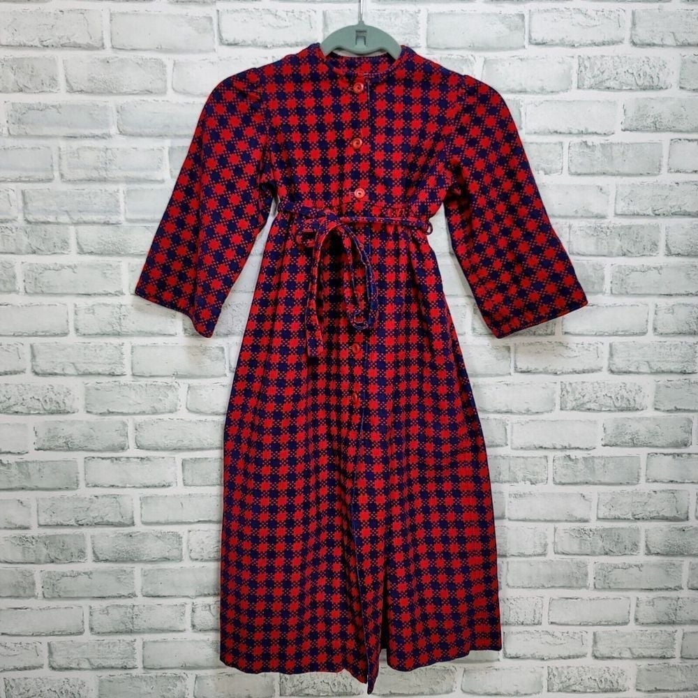 Vintage 70s Childrens Girls Red Navy Houndstooth Plaid Corduroy Button Up Dress