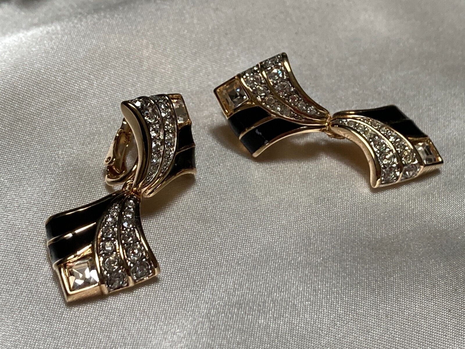 Art Deco Swarovski Crystals Black Enamel Gold-Plated Dangle Clip Back Earrings