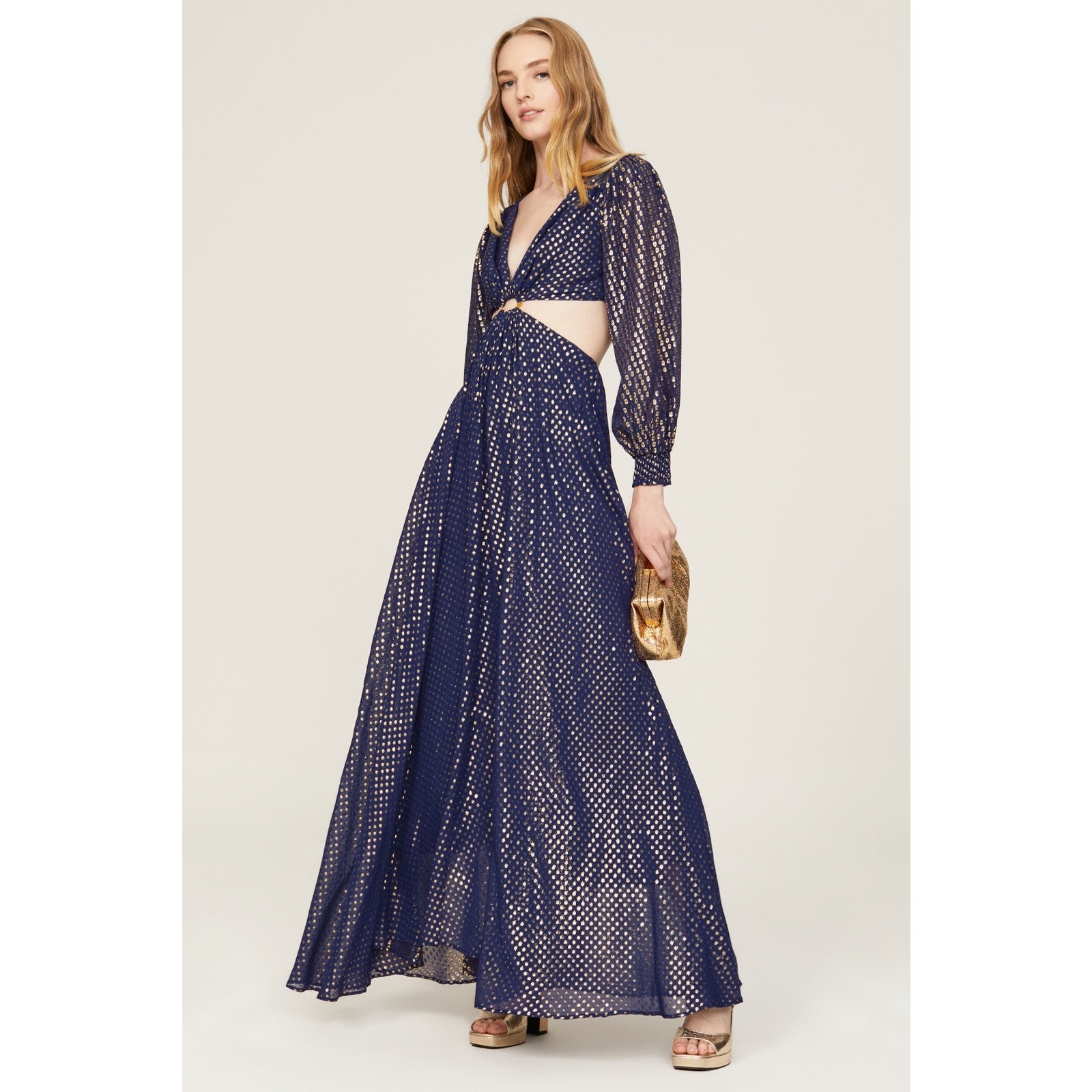 DELFI Sz Small Cerise Blue Gold Metallic Cut Out Long Sleeve O-Ring Maxi Dress