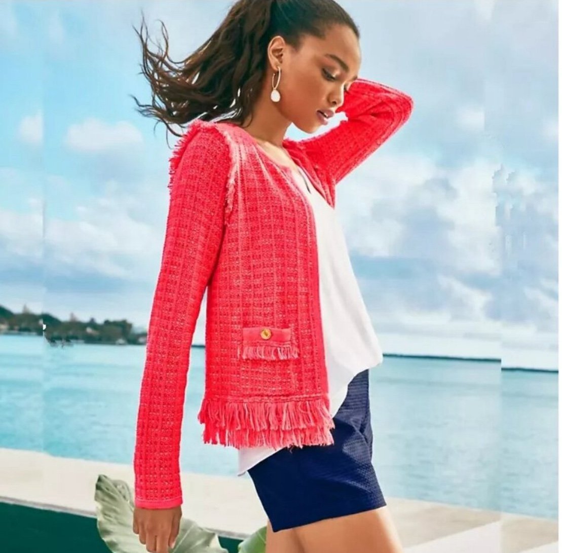 Lilly Pulitzer Neon Coral Simora Fringe Cardigan Small