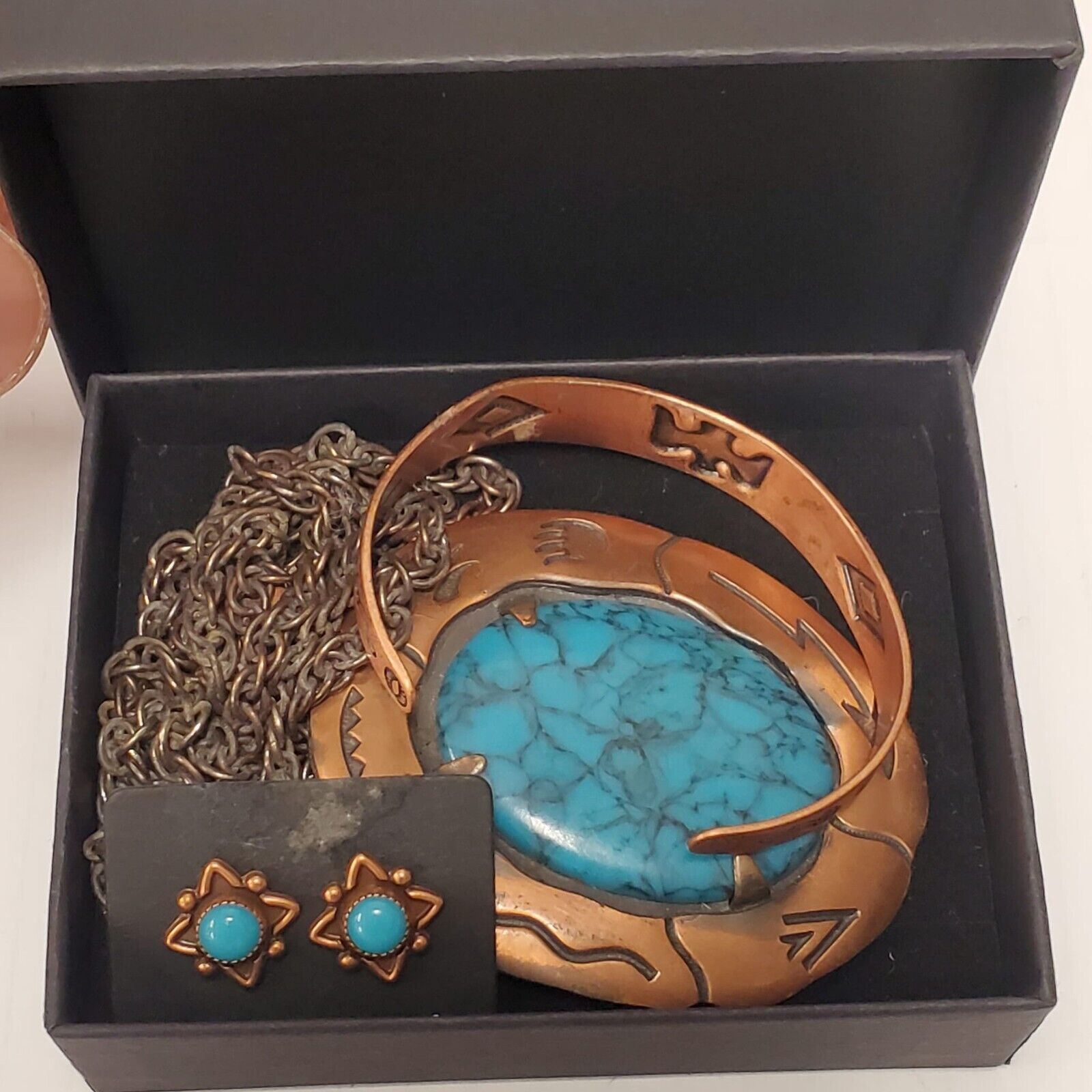 Vtg Lot Of 3 Copper Navajo Thunder Bird Cuff Bangle Turquoise earrings Necklace