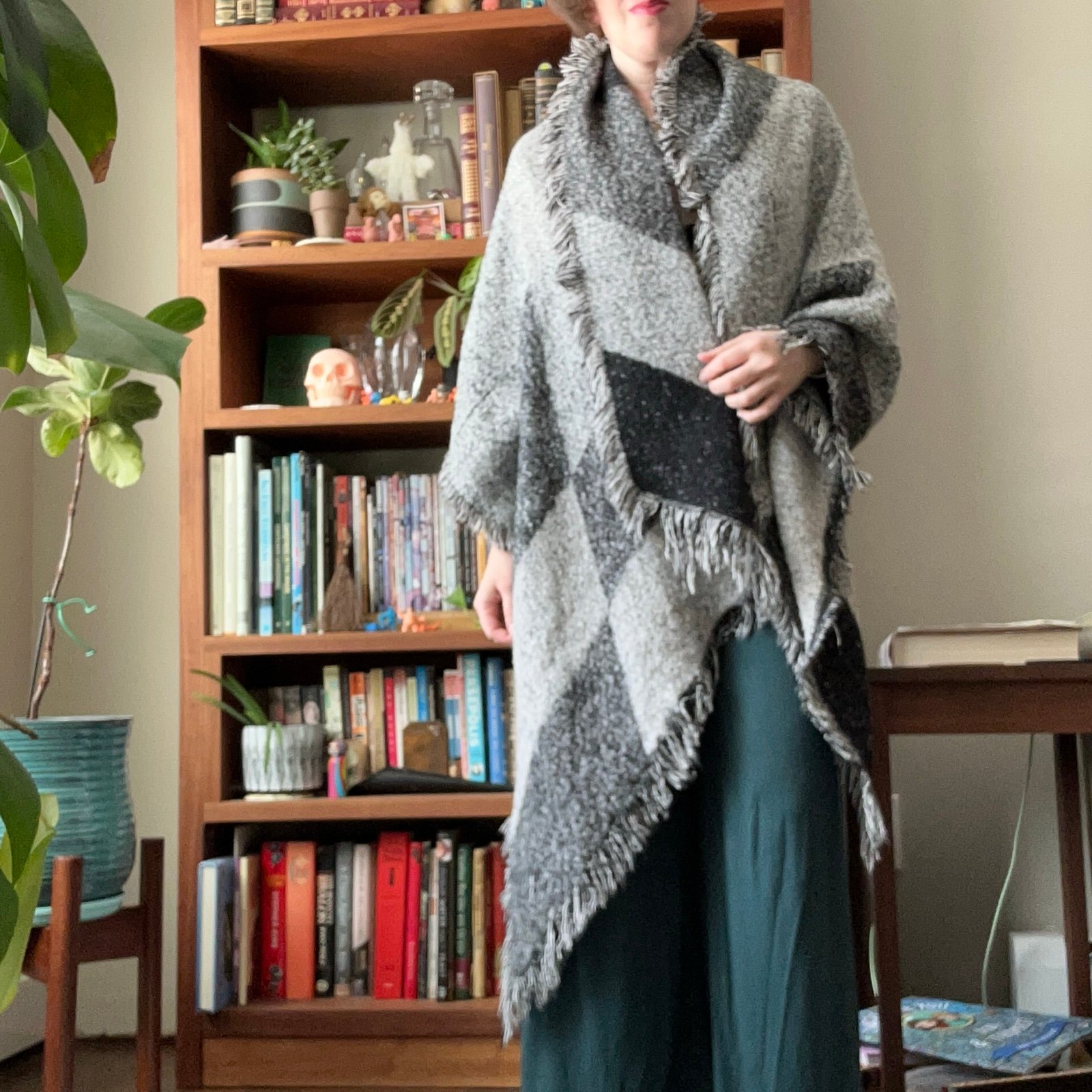 Black and white checkered knit shawl