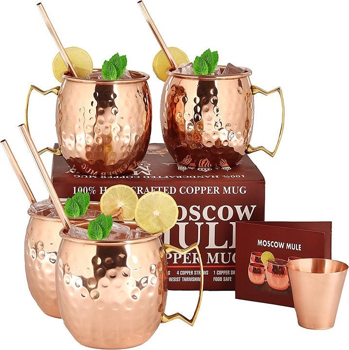4 Handcrafted hammered Moscow Mule Copper Mugs/copper straws & copper shot glass