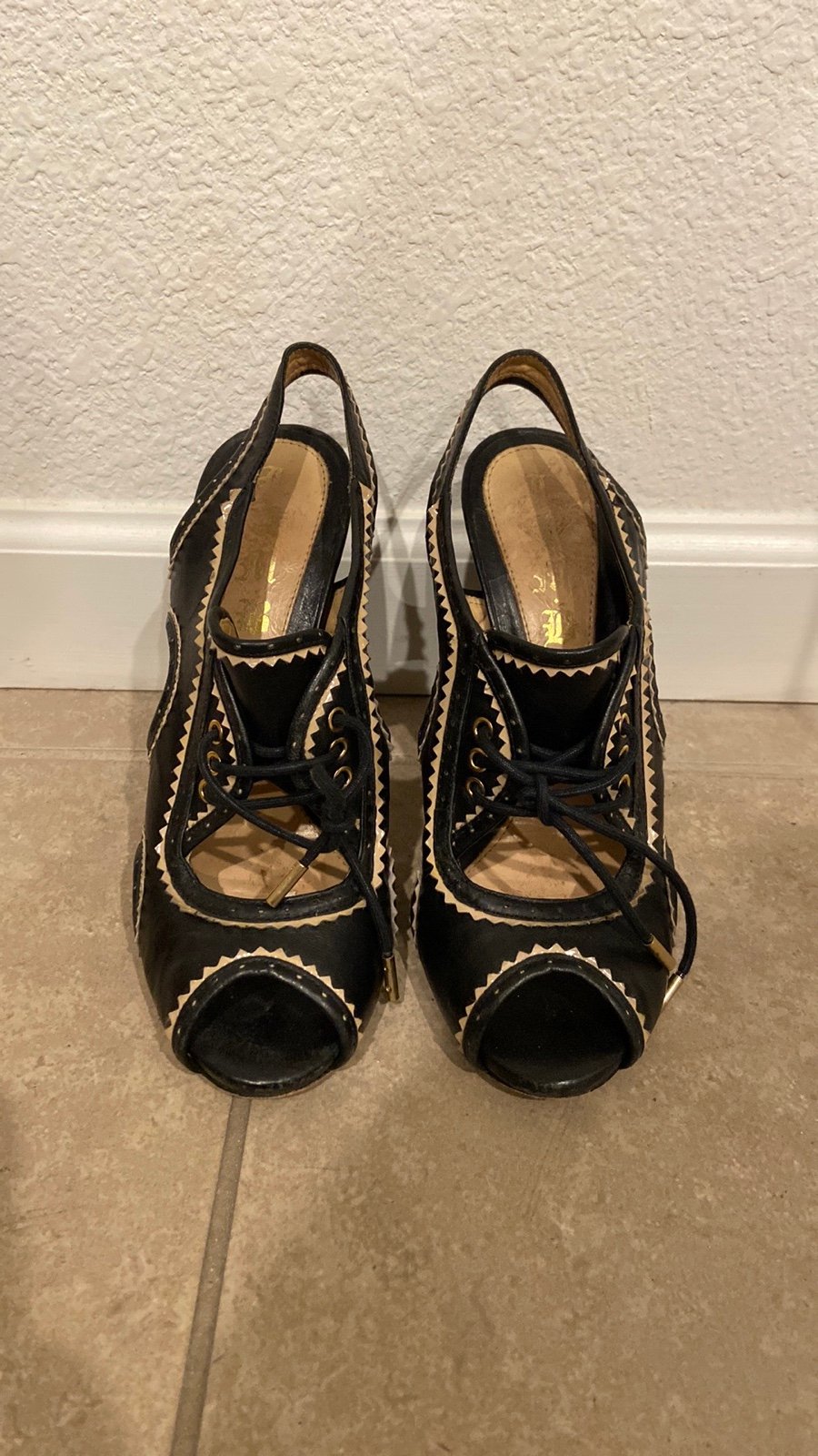 L.A.M.B. Black lace open toes heels size 7
