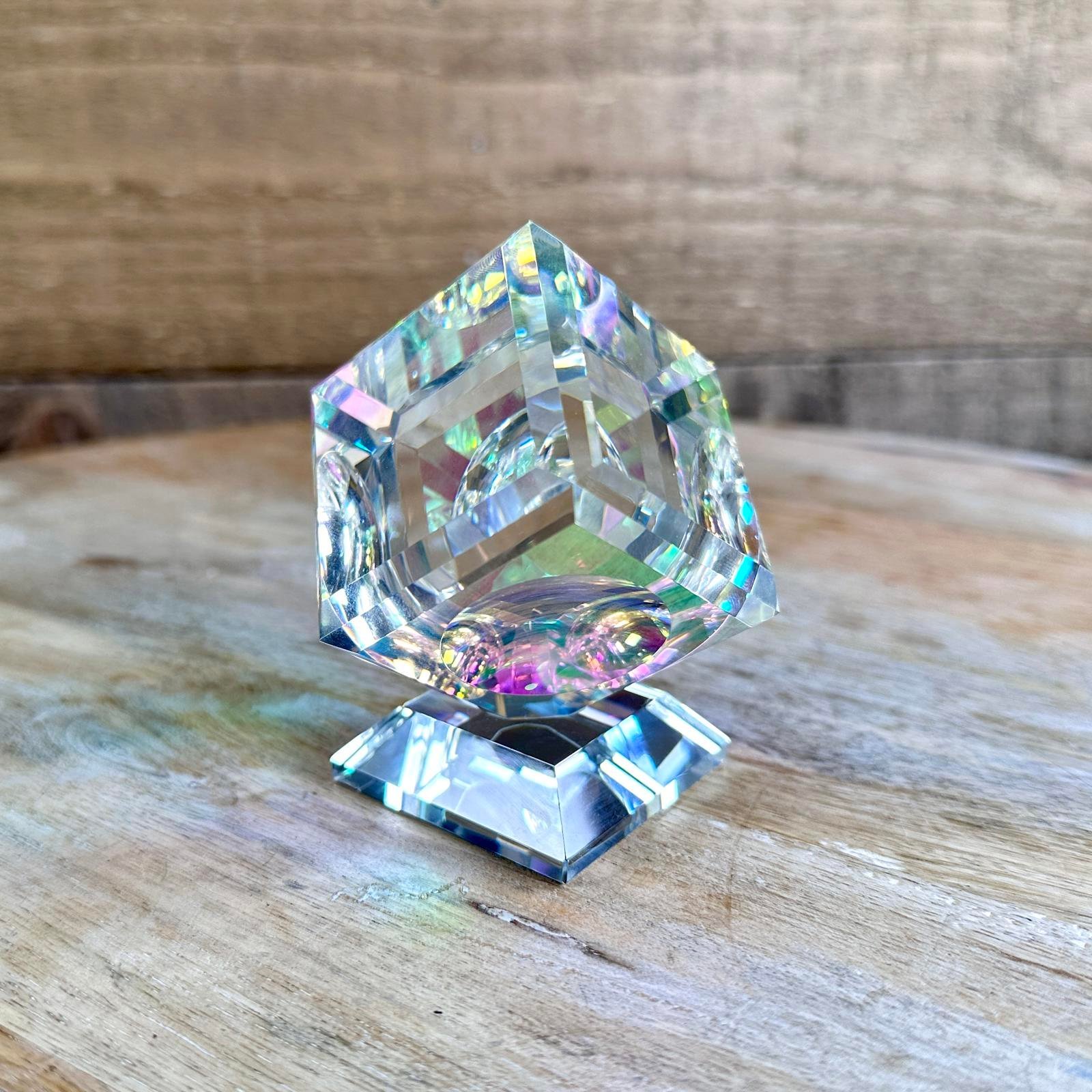 *RESERVED* Dichroic Crystal Cube w/Base Cut Art Glass Sculpture Paperweight