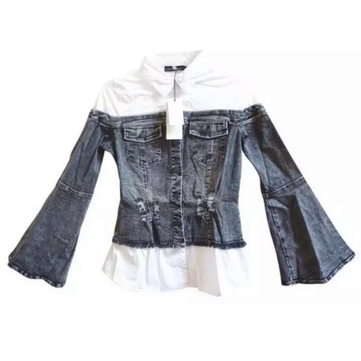 Yellowstone Cowgirl Blouse Small Denim + Poplin Layered Look Frayed Hem NWT