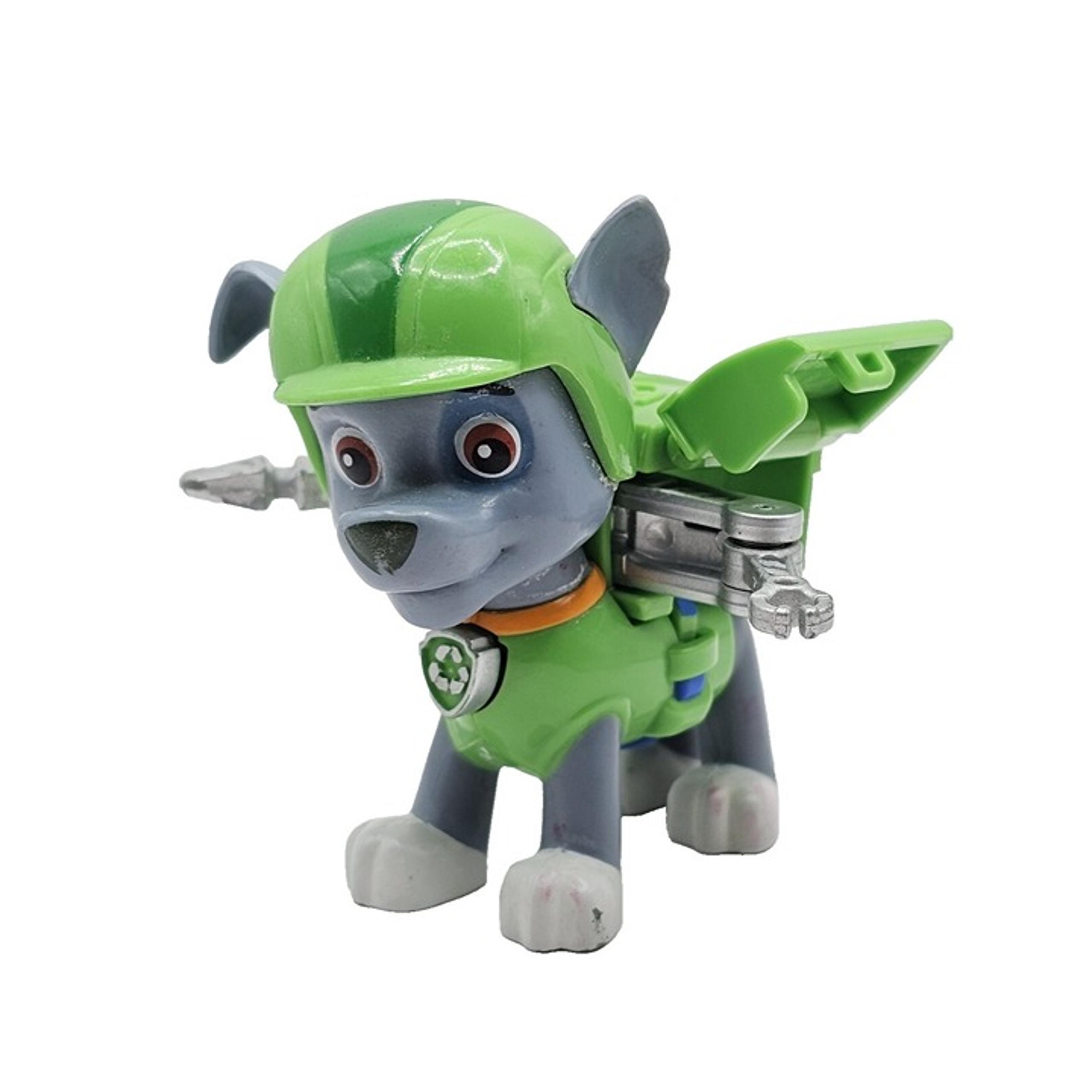 Vintage PAW PATROL Rocky Figure Push Button Dog Tag Action Gray Green