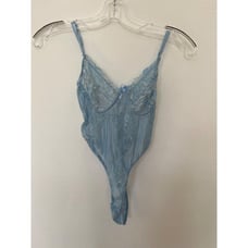 Vintage baby blue embroidered bow sheer lace bodysuit size small