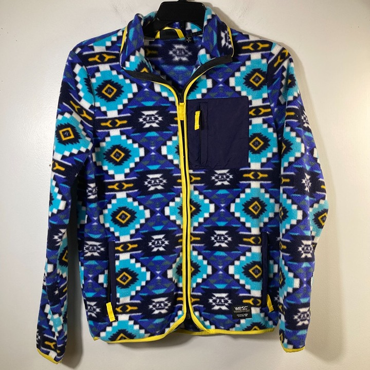 Womens WESC Sweden Moritz Aztec aop Polar Fleece Zip Jacket Blue Yellow M Polyes
