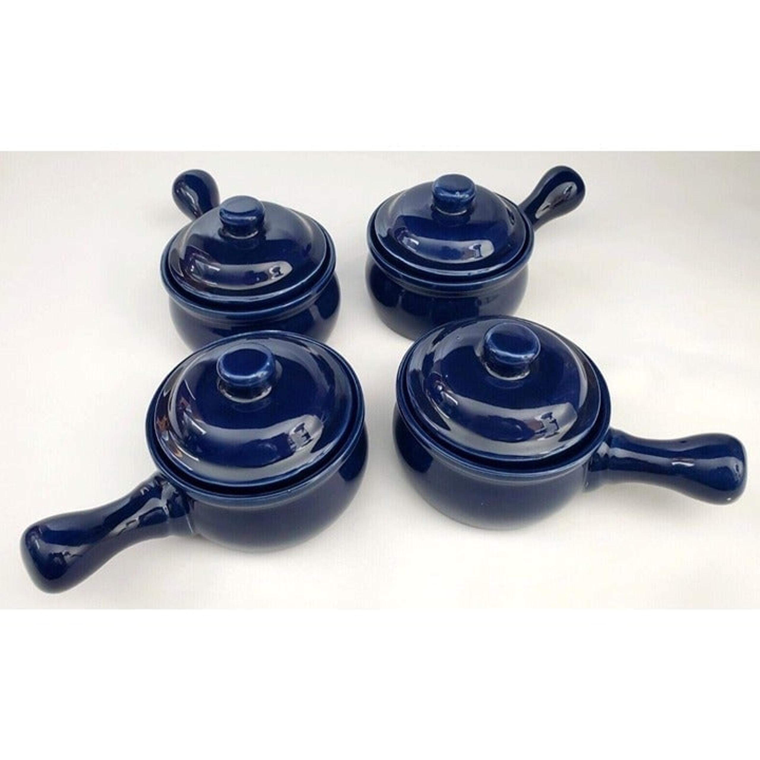 Set of 4 Vintage Sango Cobalt Blue Individual Casserole & Lid Onion Soup Bowls