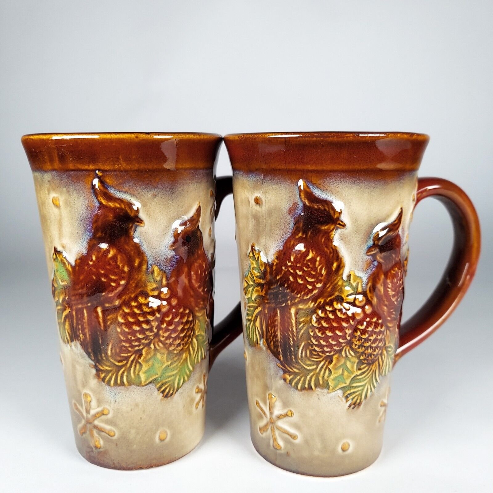Vintage Tall Mugs Cardinals Snowflakes Christmas Winter Holiday Ceramic Pair 2