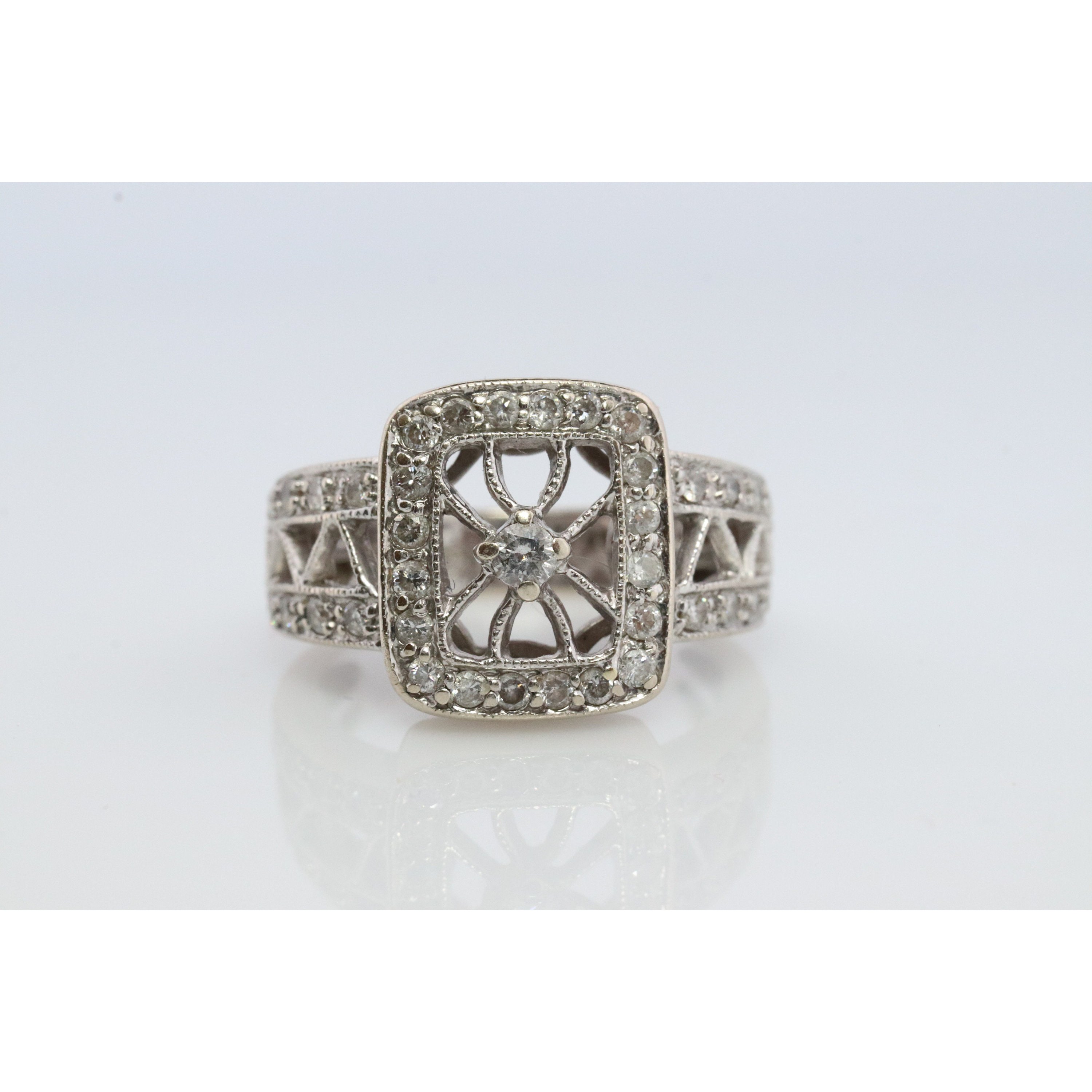 14k Filigree diamond shield ring. 14k Vintage diamond ring. Open Work Diamond r