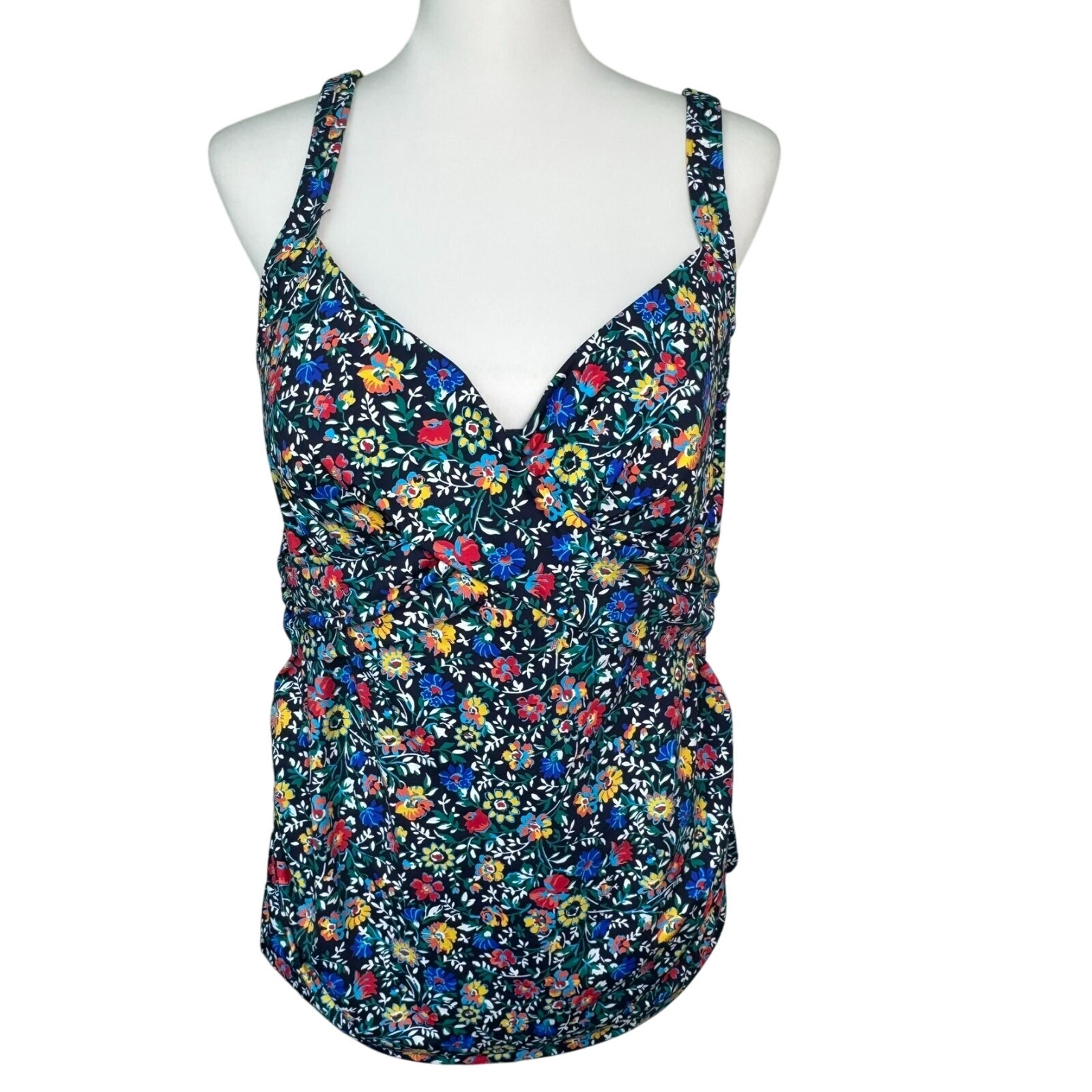 LANDS' END Women's 16 Blue Yellow Ditsy Floral Boho Tankini Swim Top Underwire