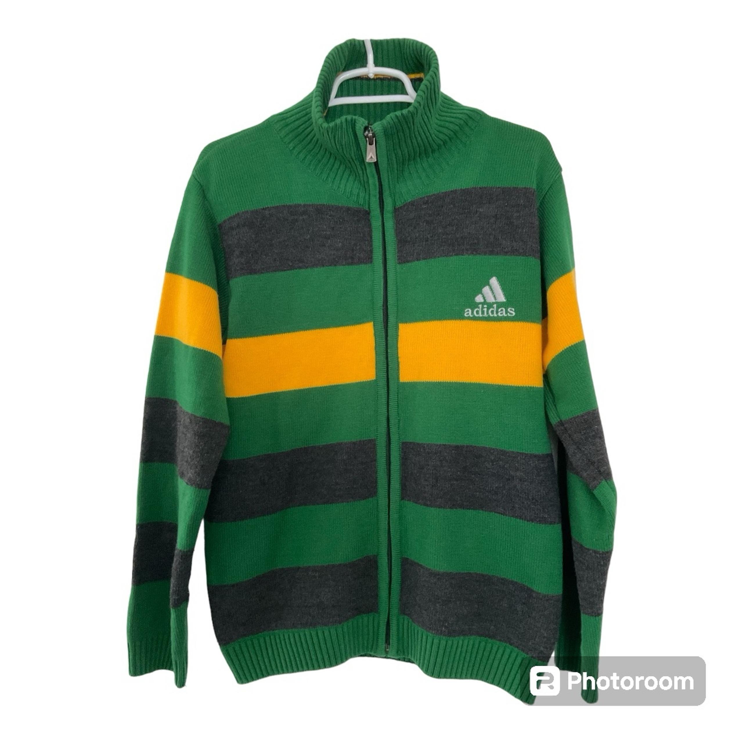 Adidas Women’s Sz L Full Zip Yellow Green Gray Stripe Wool RK Woolzone Sweater