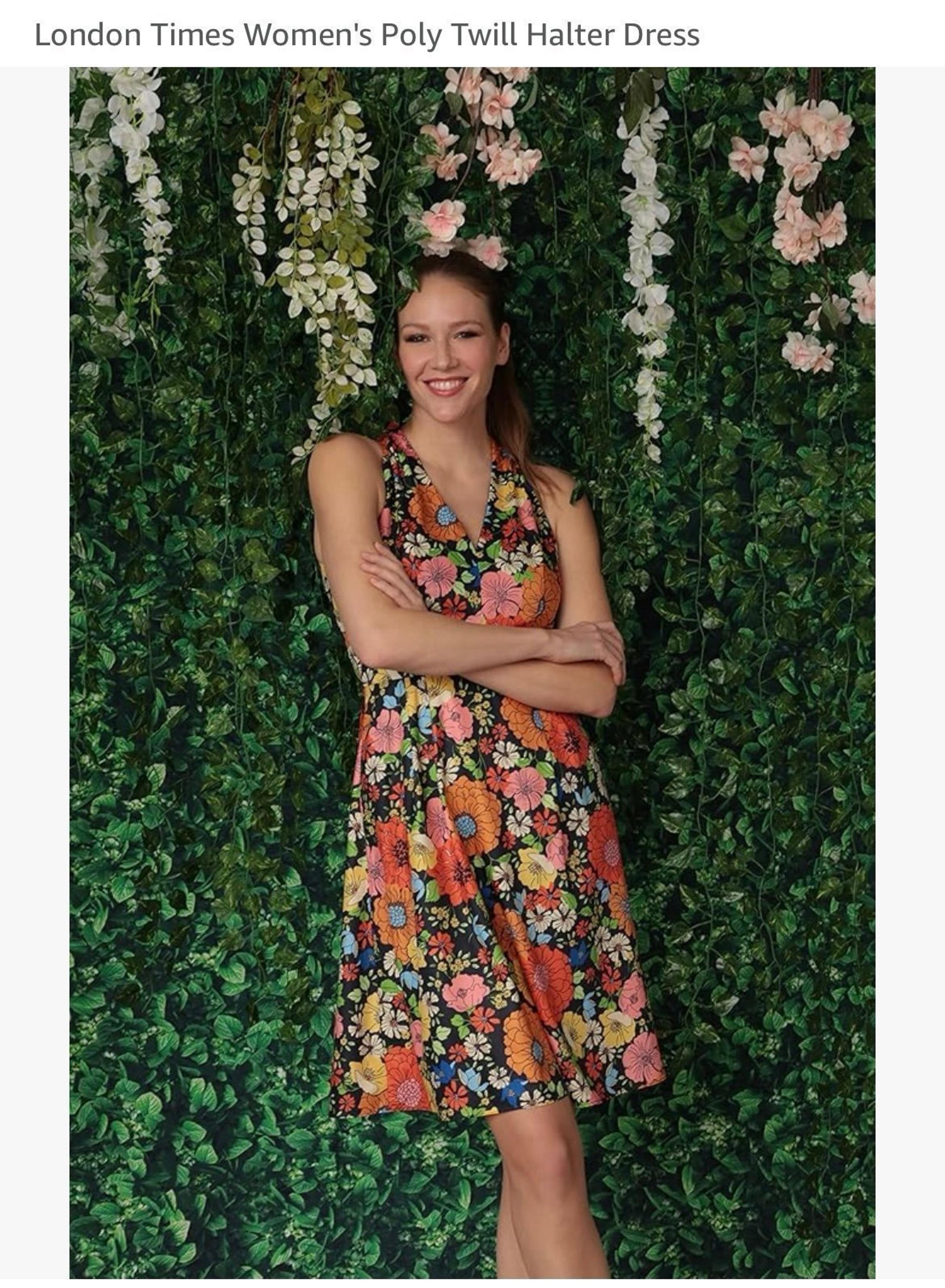 London Times V-Neck halter, knee length, empire waist navy floral dress size 8