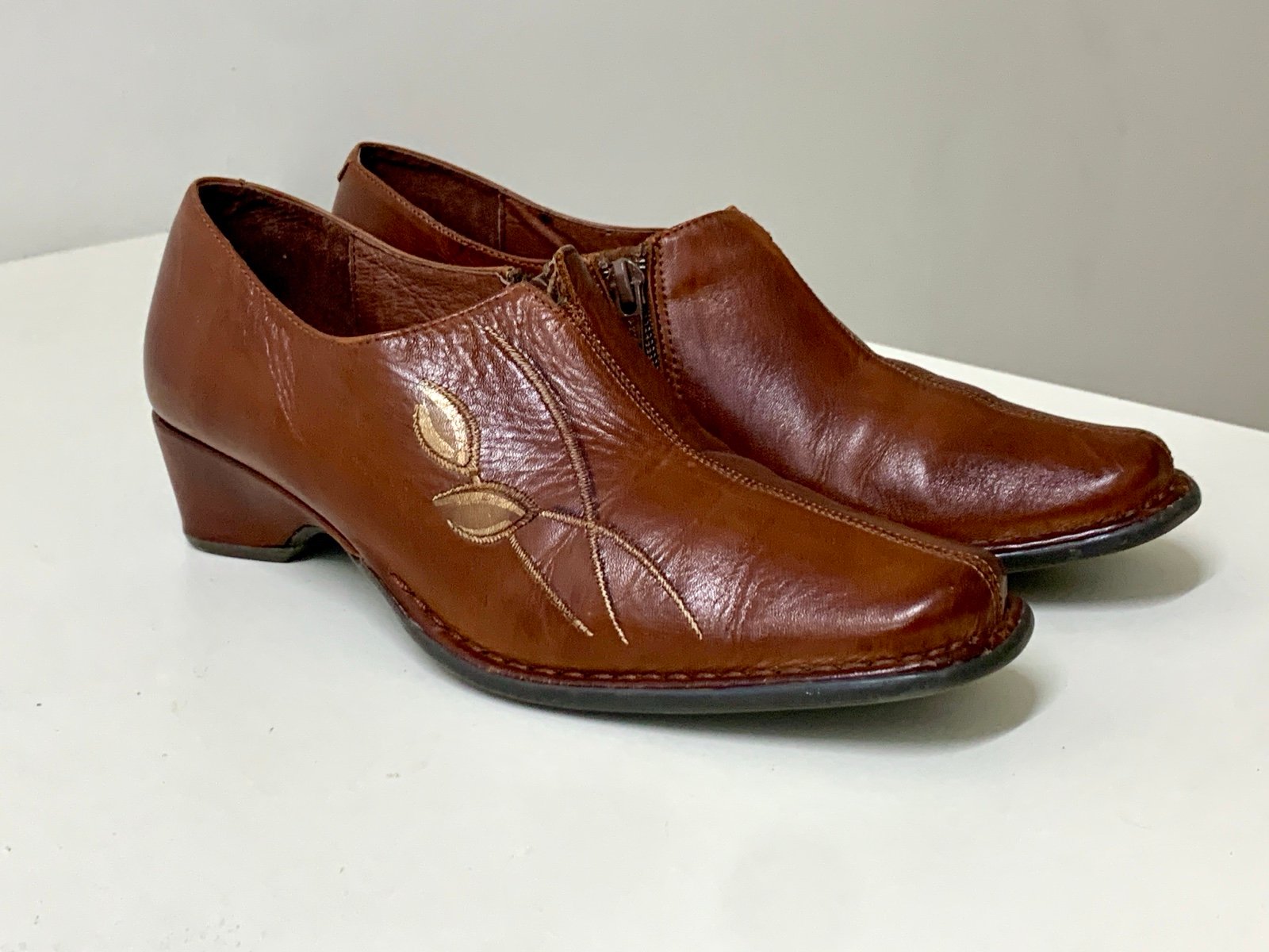 Women’s 38 Pikolinos Embellished Brown Leather Side Ziip Heeled Shoes Spain