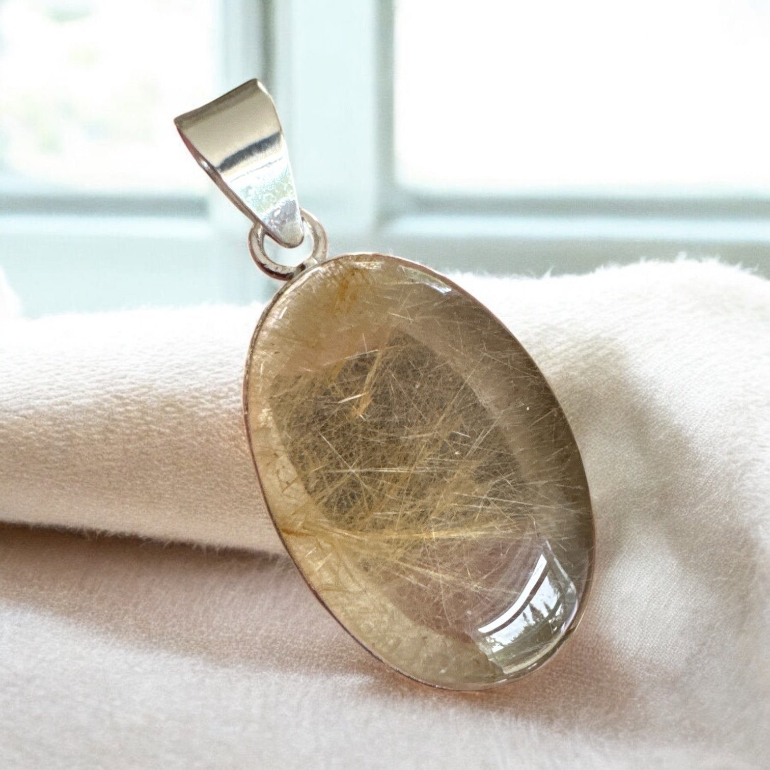 Gold Rutilated Quartz Solid 925 Sterling Silver Pendant