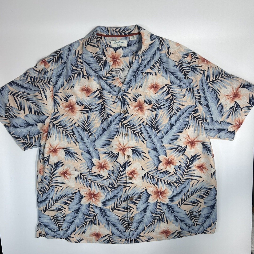 Caribbean Pure Silk Hawaiian Pink Floral Shirt Colorful Palm Mens Sz 2XB