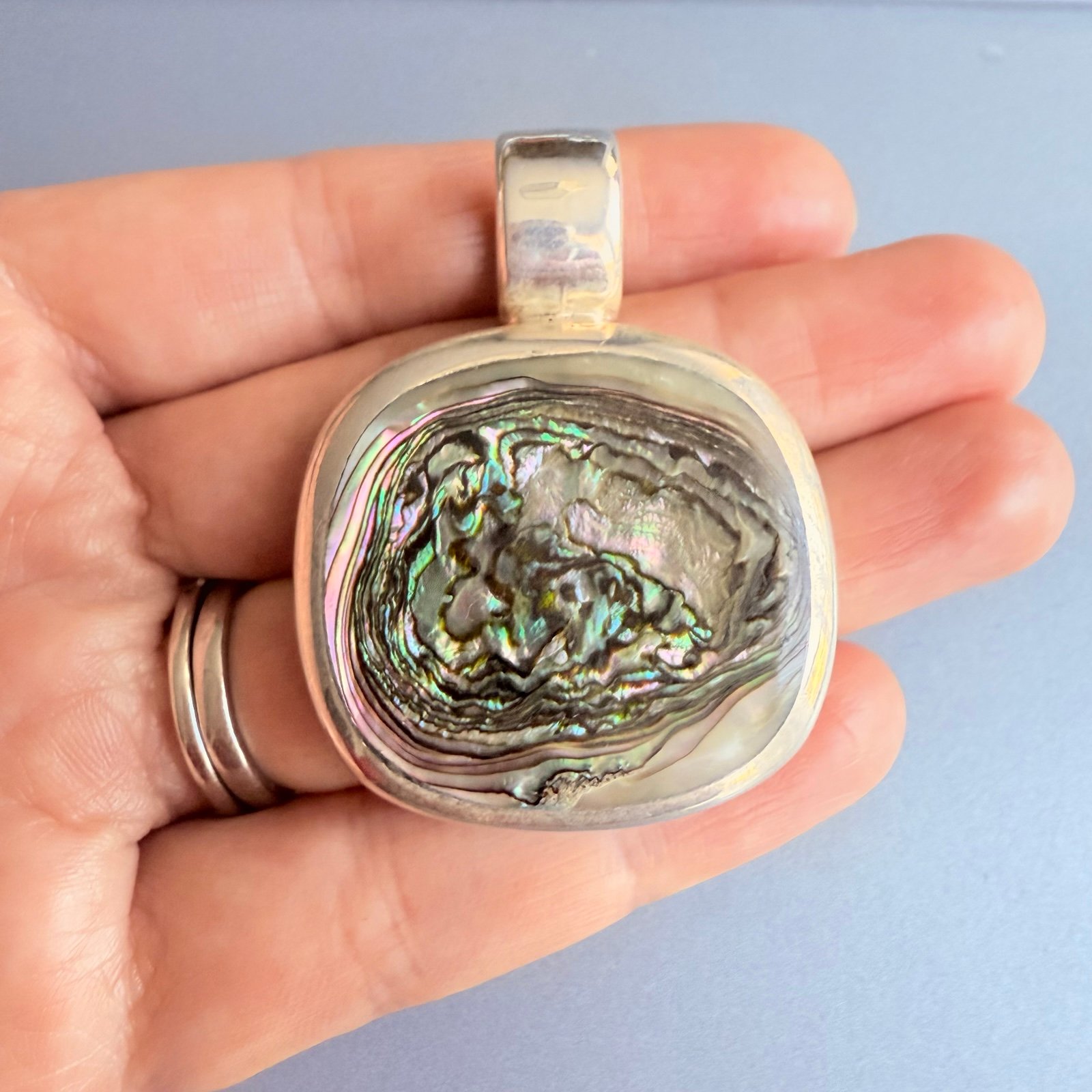 Designer ATI Mexico Abalone Shell Cushion Large Sterling Silver Pendant Necklace