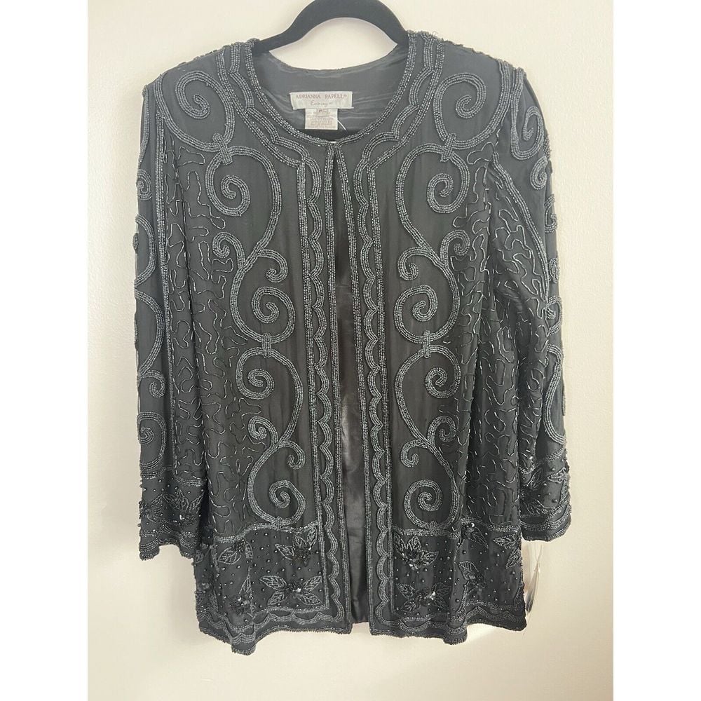 Papell Boutique Evening Black Silk Beaded Long Sleeve Jacket VTG 90's PL Large