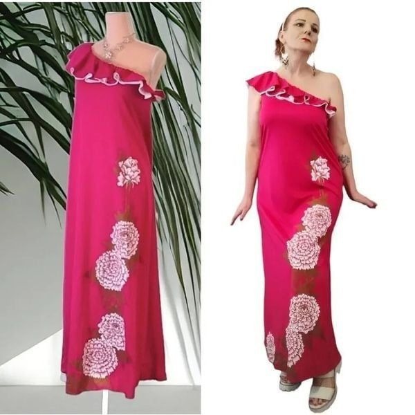 Alfred Shaheen RARE Vntg Pink One Shoulder Floral Maxi Dress Size 10 *up to XL