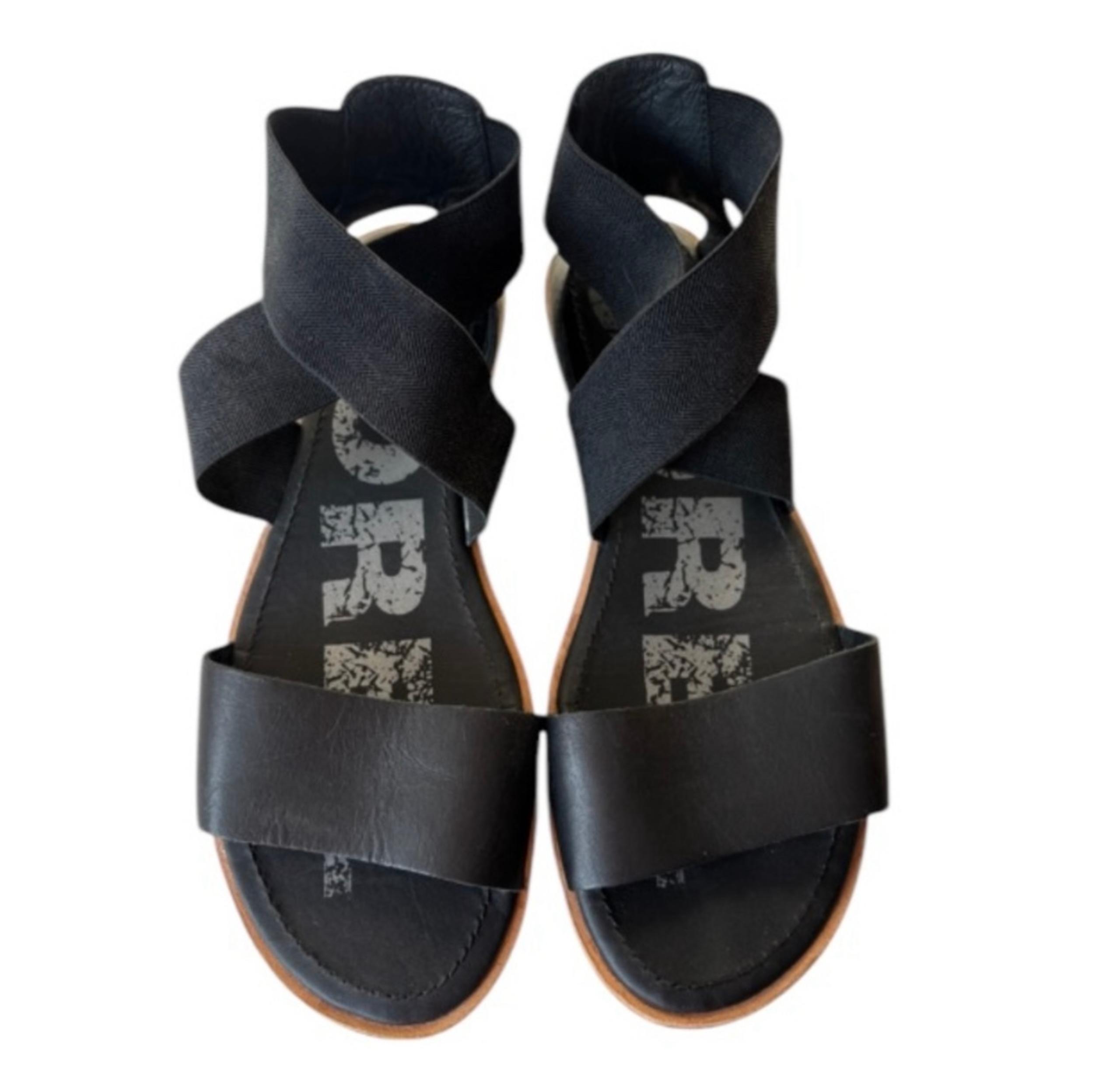 Sorel Womens Ella Ankle Strap Sandals Black Open Toe Elastic Flat Heel 8.5